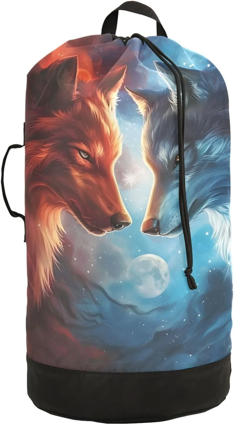 Laundry Bag Backpack Waterproof Beach Bag Clothes Hamper Bag Wolf Confront Large for Travel Camping Hiking Foldable Lightweight