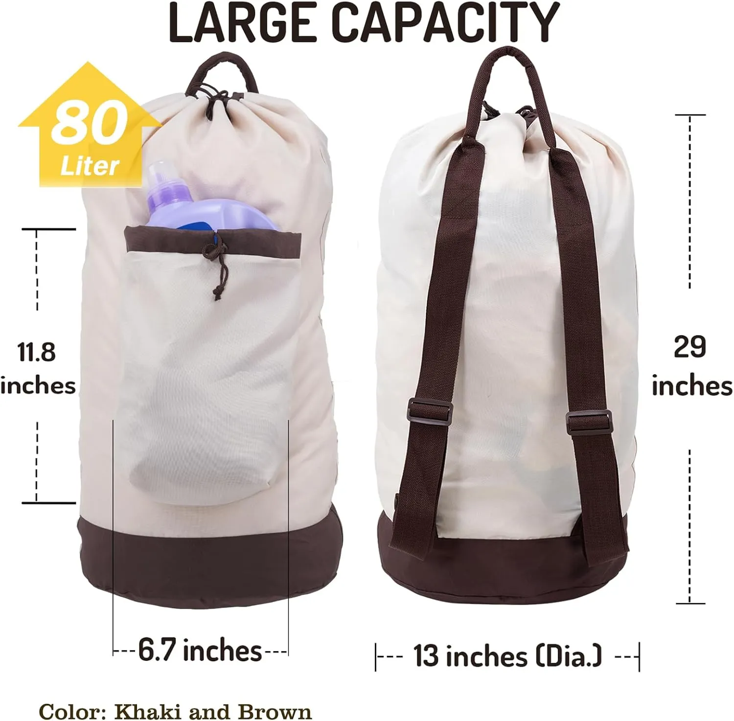 Laundry Bag Backpack with Shoulder Straps and Detergent Holder Clothes, Travel Laundry Backpack Bag Hamper for College Dorm Room (Khaki w Brown)