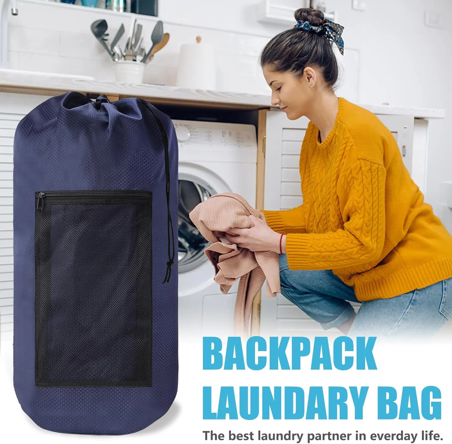 Laundry Bag Backpack,Portable with Adjustable Shoulder Straps Travel Dirty Laundry Bag,with Drawstring Closure & Mesh Pocket Backpack Laundry Bag for College,Apartment,Camping(Dark Blue)