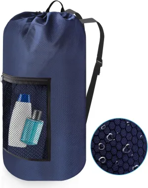 Laundry Bag Backpack,Portable with Adjustable Shoulder Straps Travel Dirty Laundry Bag,with Drawstring Closure & Mesh Pocket Backpack Laundry Bag for College,Apartment,Camping(Dark Blue)