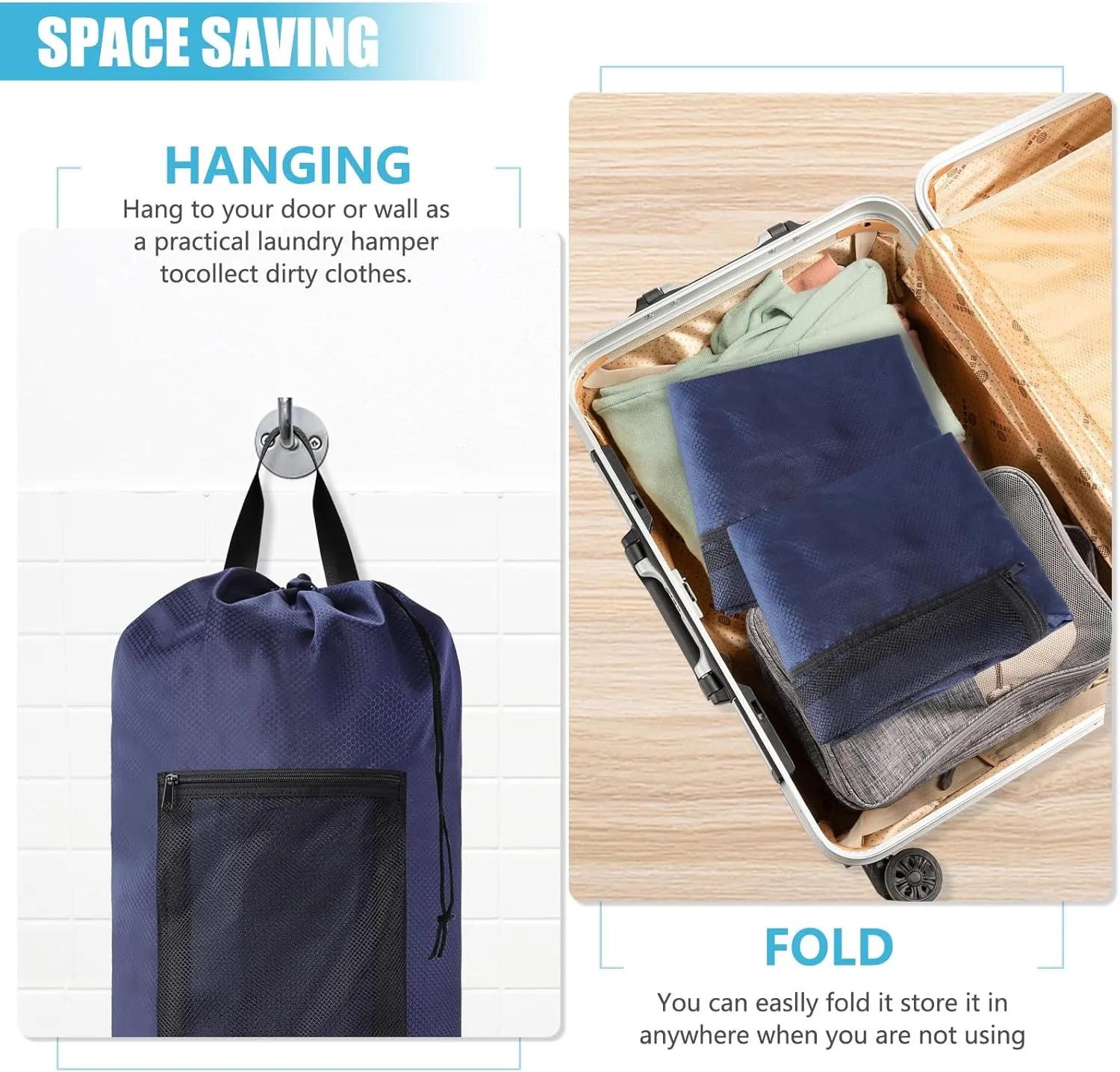 Laundry Bag Backpack,Portable with Adjustable Shoulder Straps Travel Dirty Laundry Bag,with Drawstring Closure & Mesh Pocket Backpack Laundry Bag for College,Apartment,Camping(Dark Blue)