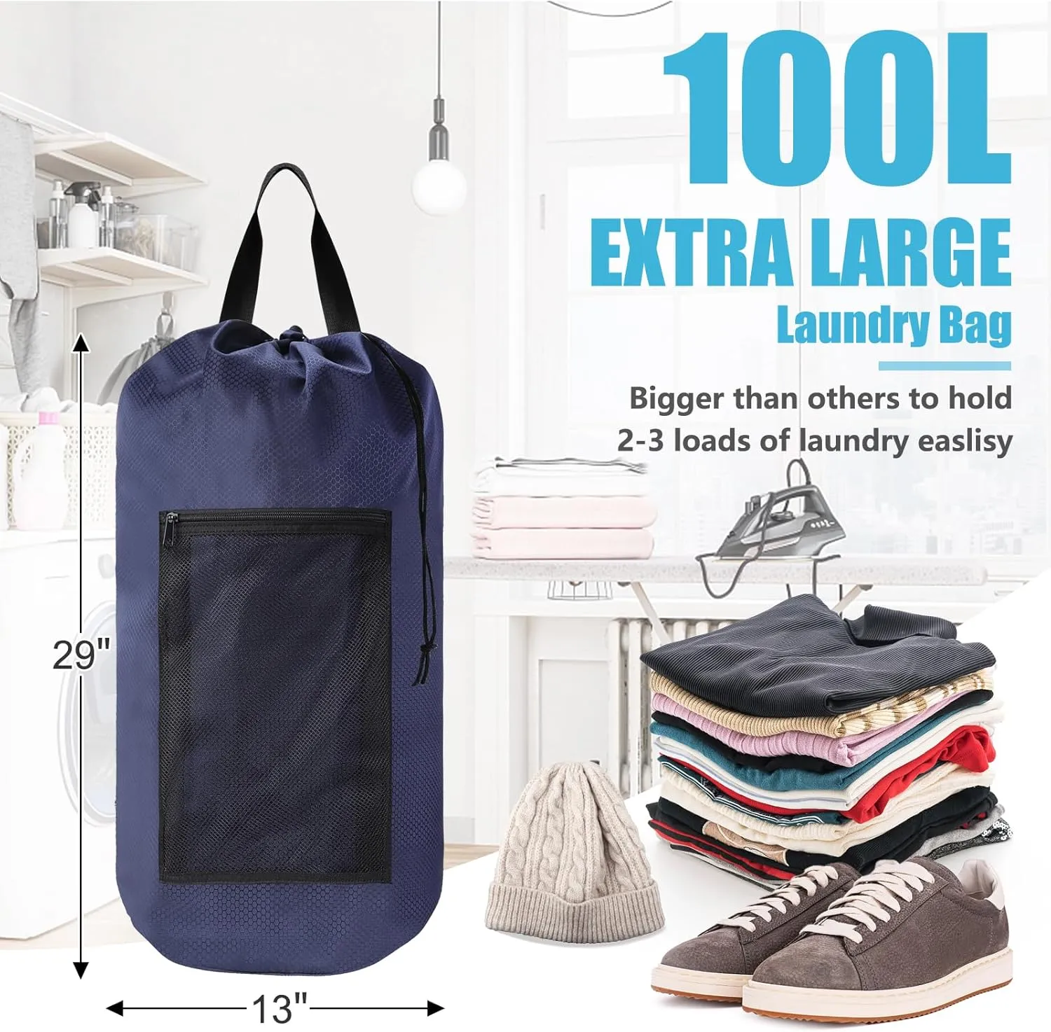 Laundry Bag Backpack,Portable with Adjustable Shoulder Straps Travel Dirty Laundry Bag,with Drawstring Closure & Mesh Pocket Backpack Laundry Bag for College,Apartment,Camping(Dark Blue)