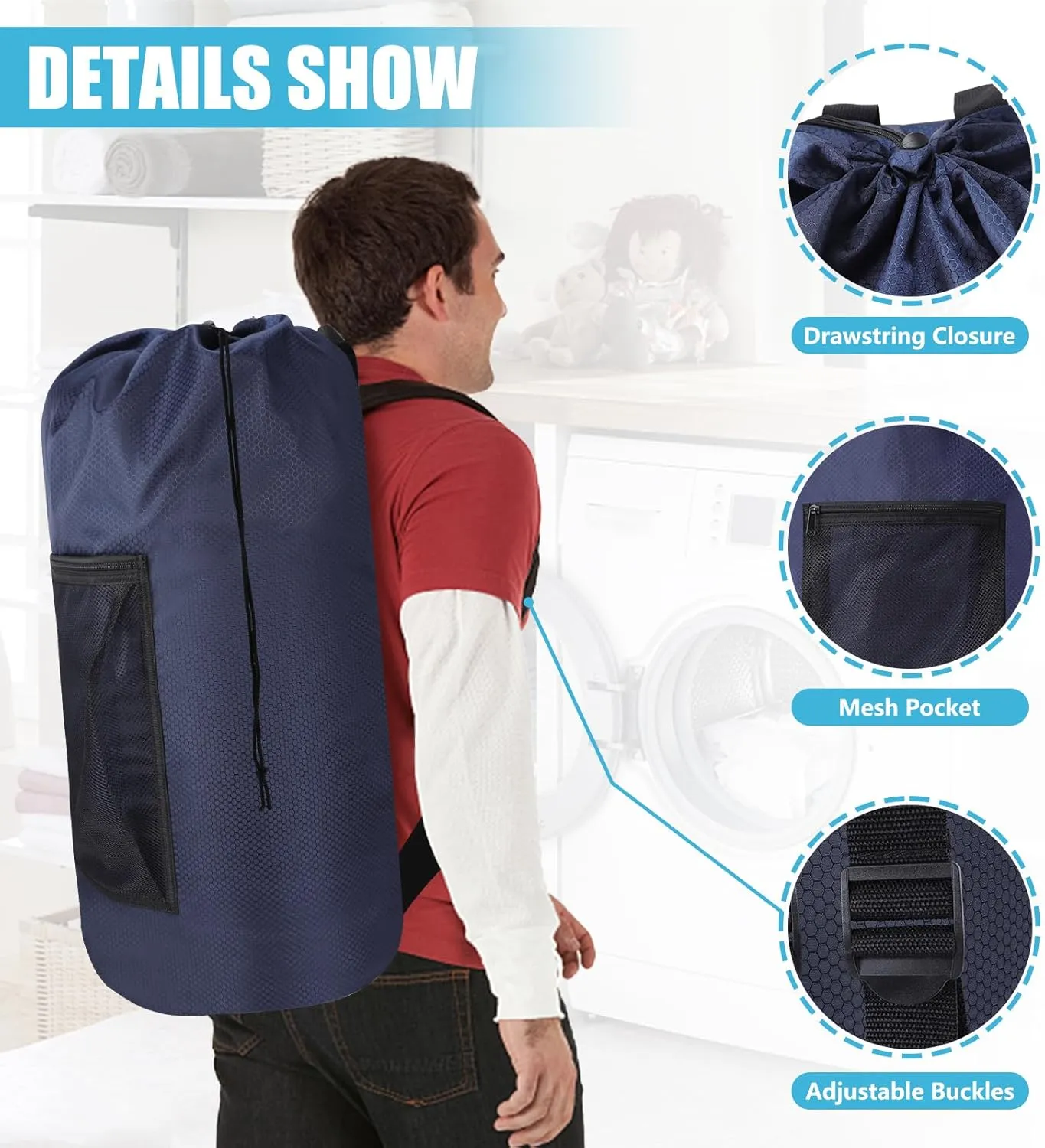Laundry Bag Backpack,Portable with Adjustable Shoulder Straps Travel Dirty Laundry Bag,with Drawstring Closure & Mesh Pocket Backpack Laundry Bag for College,Apartment,Camping(Dark Blue)