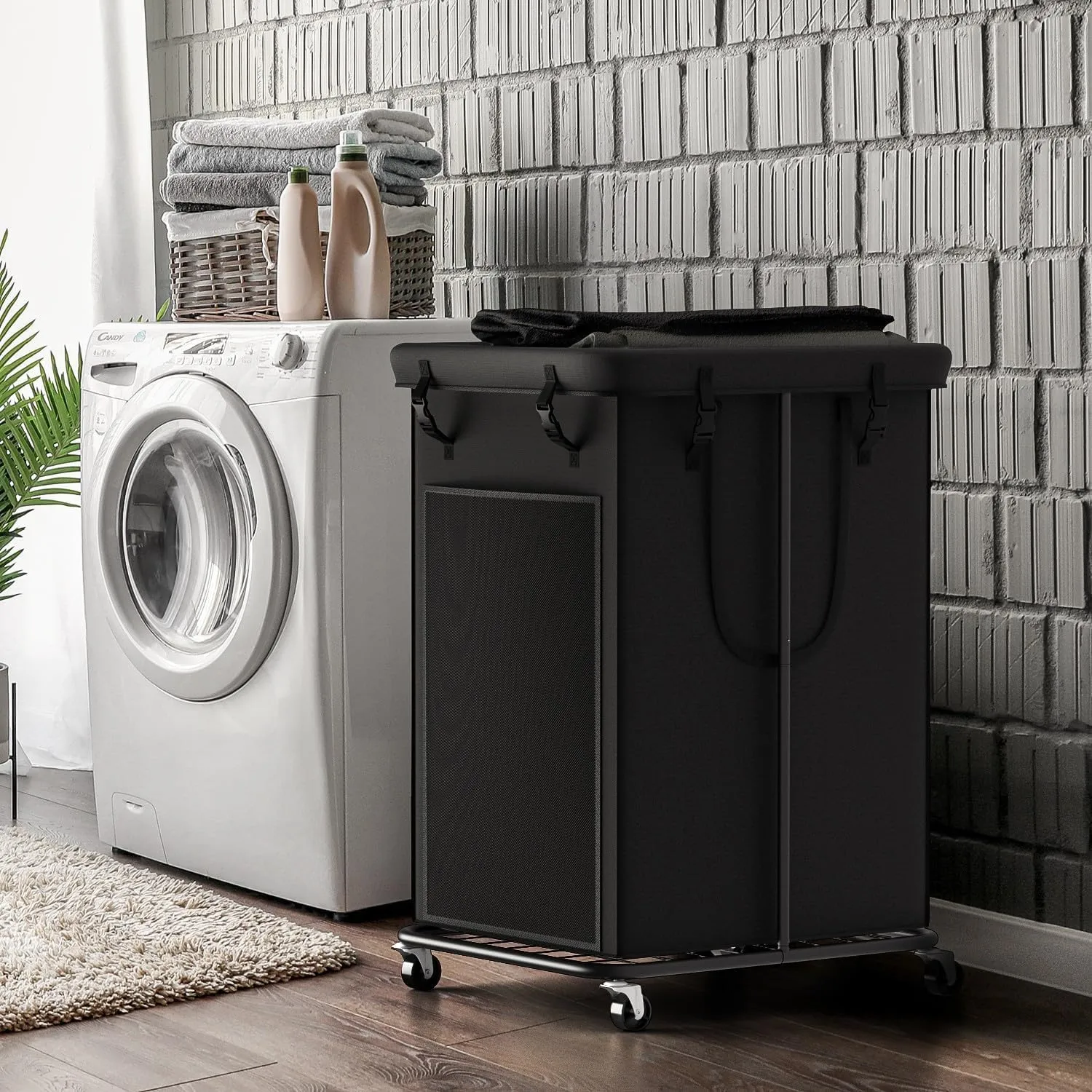 Laundry Basket 150L (39.6 gallons), Oxford Fabric Laundry Hampers, Metal Frame and Removable Bag Design with Wheels, Suitable for Bedroom, Bathroom, Dorm Room, Laundry Room (Pure Black)
