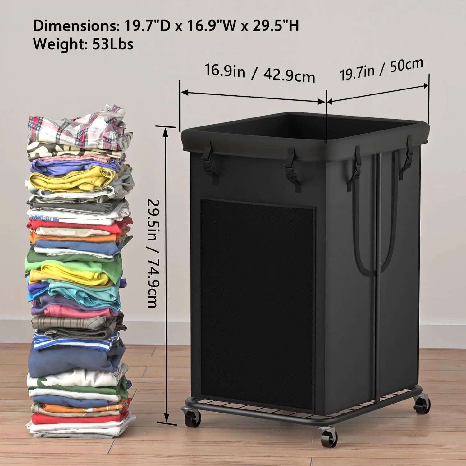 Laundry Basket 150L (39.6 gallons), Oxford Fabric Laundry Hampers, Metal Frame and Removable Bag Design with Wheels, Suitable for Bedroom, Bathroom, Dorm Room, Laundry Room (Pure Black)