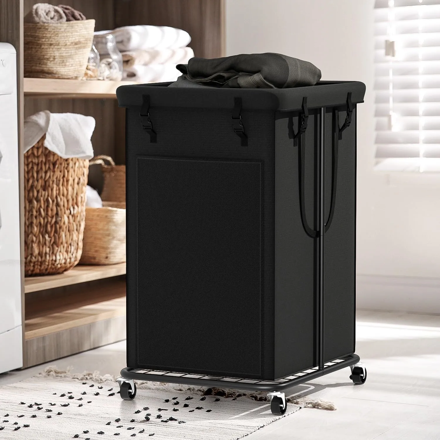 Laundry Basket 150L (39.6 gallons), Oxford Fabric Laundry Hampers, Metal Frame and Removable Bag Design with Wheels, Suitable for Bedroom, Bathroom, Dorm Room, Laundry Room (Pure Black)