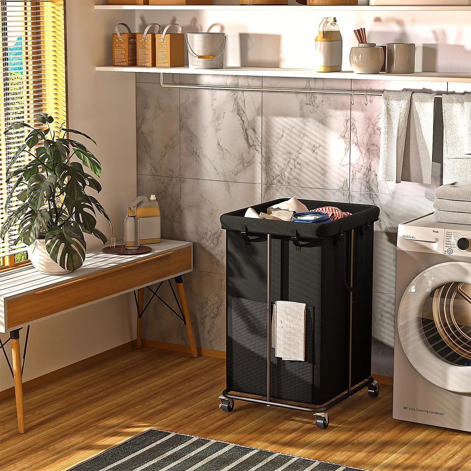 Laundry Basket 150L (39.6 gallons), Oxford Fabric Laundry Hampers, Metal Frame and Removable Bag Design with Wheels, Suitable for Bedroom, Bathroom, Dorm Room, Laundry Room (Pure Black)
