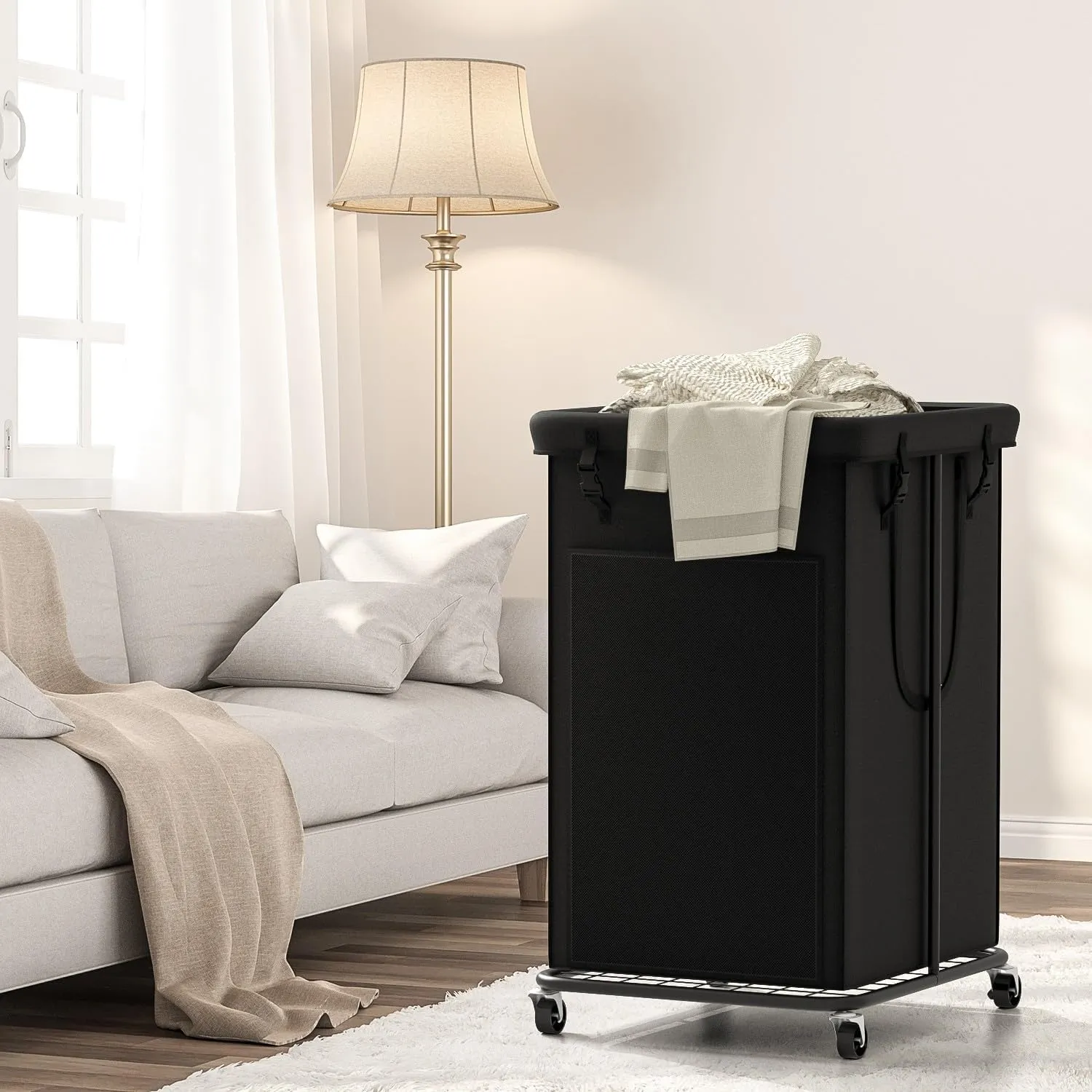 Laundry Basket 150L (39.6 gallons), Oxford Fabric Laundry Hampers, Metal Frame and Removable Bag Design with Wheels, Suitable for Bedroom, Bathroom, Dorm Room, Laundry Room (Pure Black)