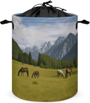 Laundry Basket Foldable Laundry Basket Mountain Pasture Grazing Horses Printed Laundry Bag for in Bathroom And Living Room