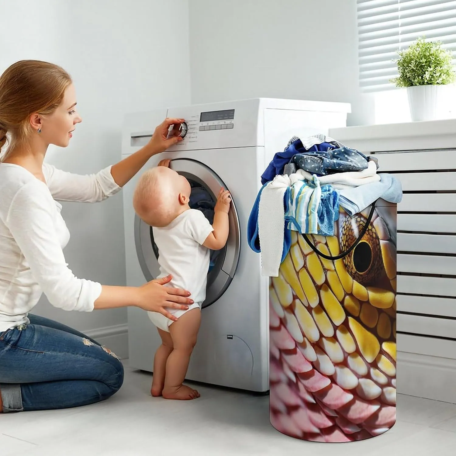 Laundry Basket Hamper Waterproof Dirty Clothes Hamper Yellow Lizard Skin Collapsible Washing Bin Clothes Bag with Handles Freestanding Laundry Hamper for Bathroom Bedroom Dorm Travel