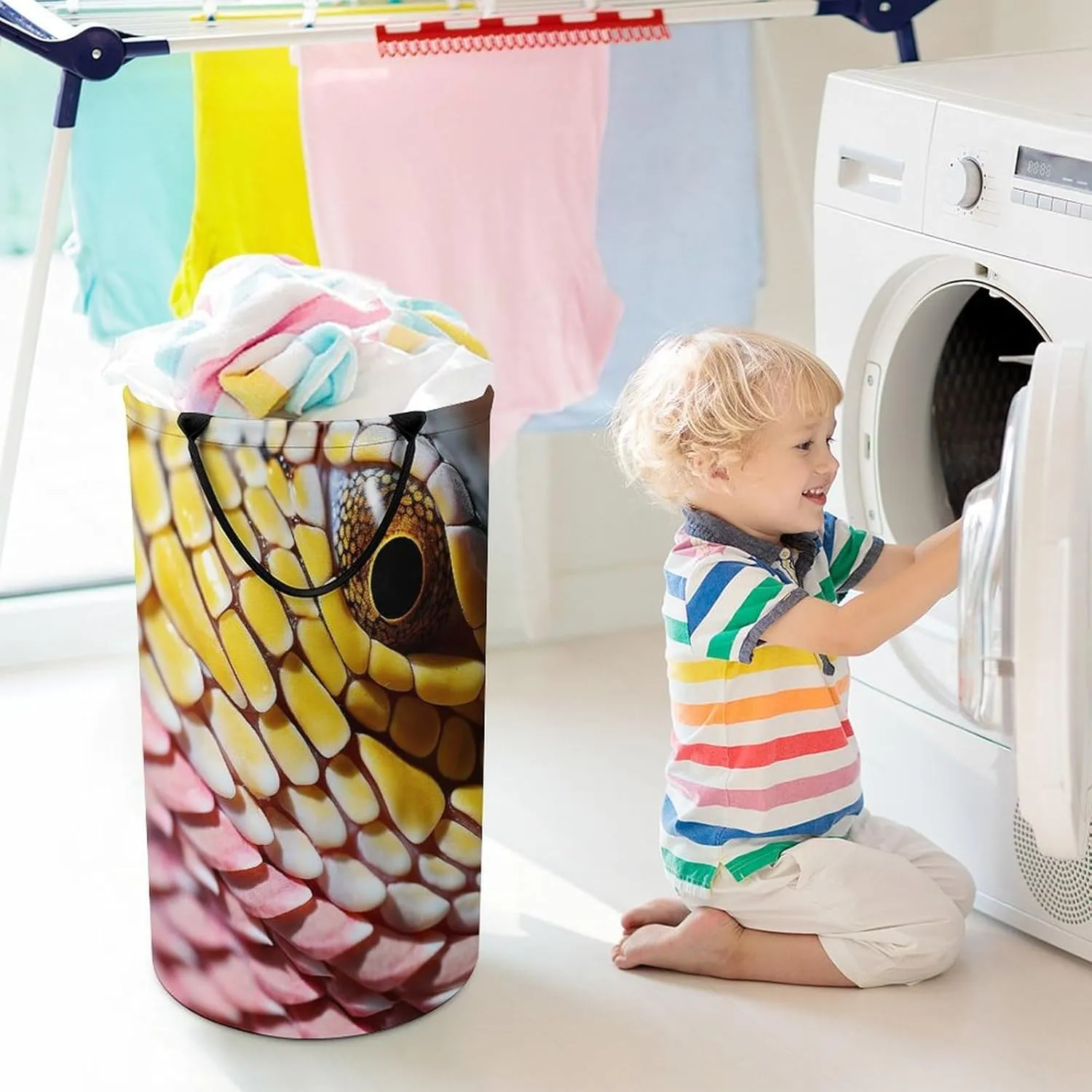 Laundry Basket Hamper Waterproof Dirty Clothes Hamper Yellow Lizard Skin Collapsible Washing Bin Clothes Bag with Handles Freestanding Laundry Hamper for Bathroom Bedroom Dorm Travel