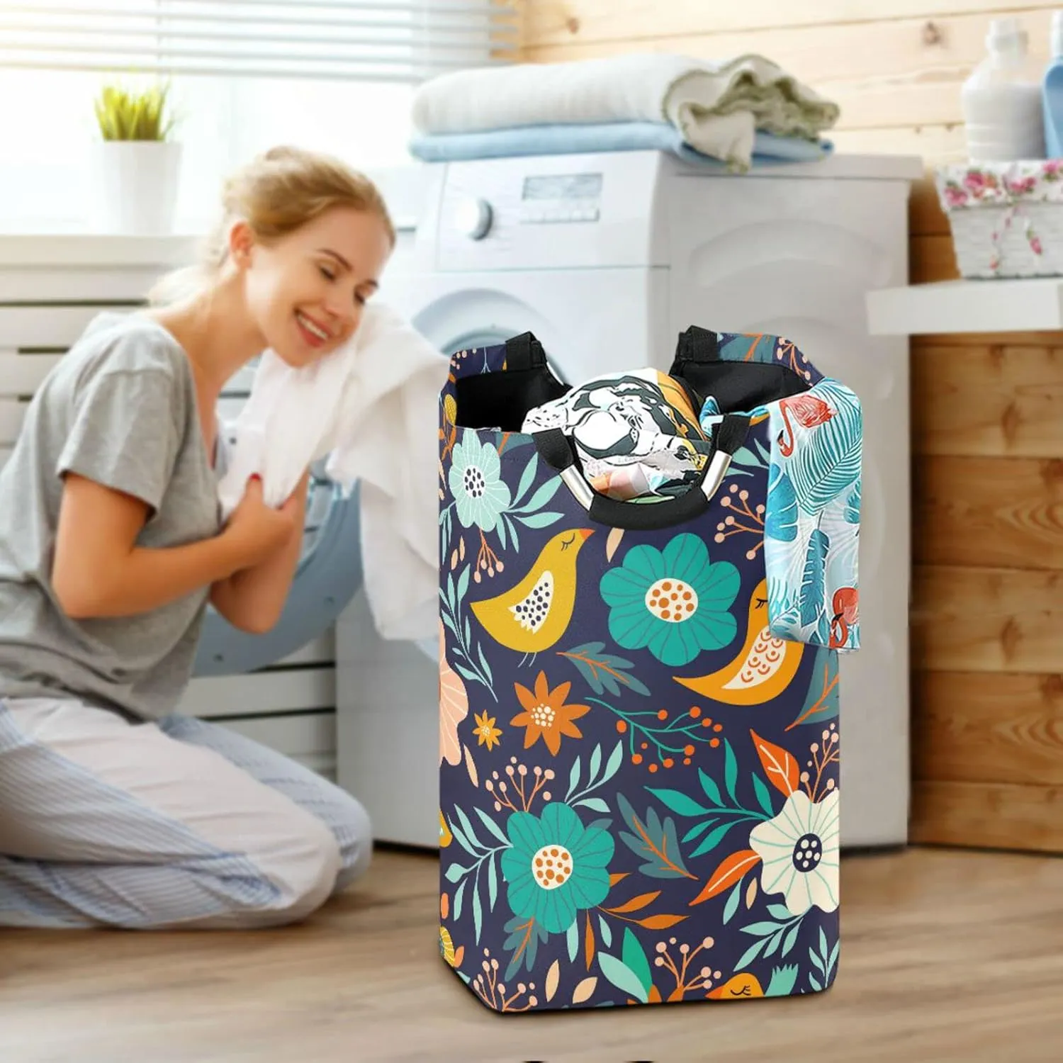 Laundry Basket Laundry Hamper Large Collapsible Bag Waterproof Clothes Basket Laundry with Handle Upright Well Dirty Holder for Clothes Toys in Bedroom Dorm Nursery Cute Bird