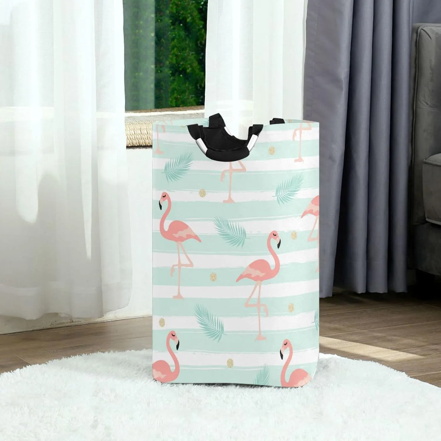 Laundry Basket Laundry Hamper Large Collapsible Bag Waterproof Clothes Basket Laundry with Handle Upright Well Dirty Holder for Clothes Toys in Bedroom Dorm Nursery Flamingo