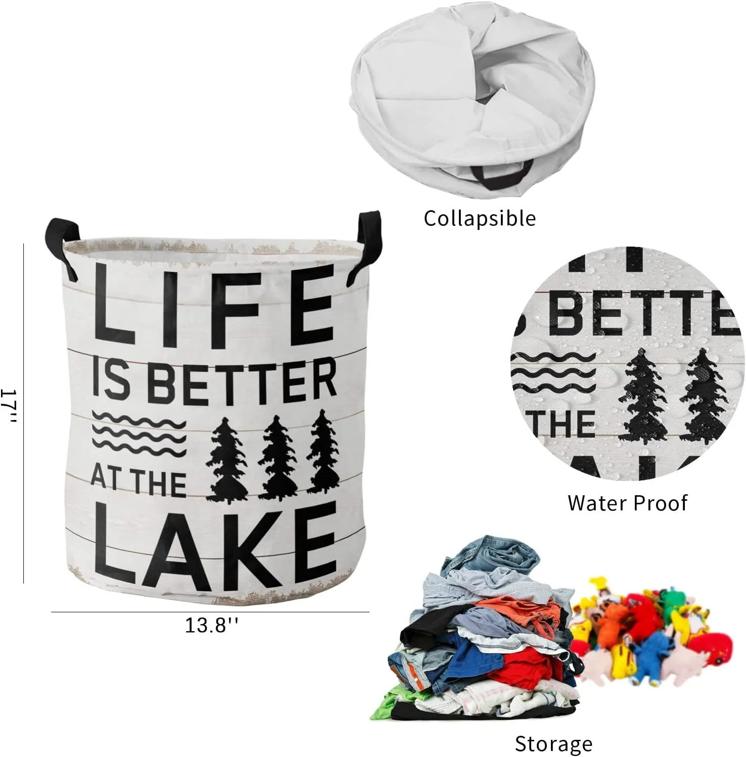 Laundry Basket Trees Shrubs Lake Farmhouse Retro White Plank,Waterproof Collapsible Clothes Hamper Life is Better Quote,Large Storage Bag for Bedroom Bathroom