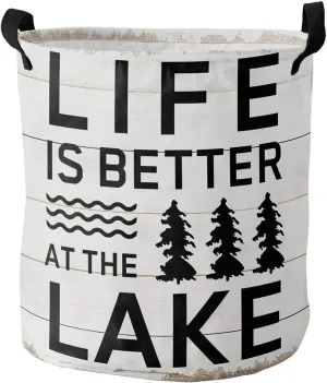 Laundry Basket Trees Shrubs Lake Farmhouse Retro White Plank,Waterproof Collapsible Clothes Hamper Life is Better Quote,Large Storage Bag for Bedroom Bathroom
