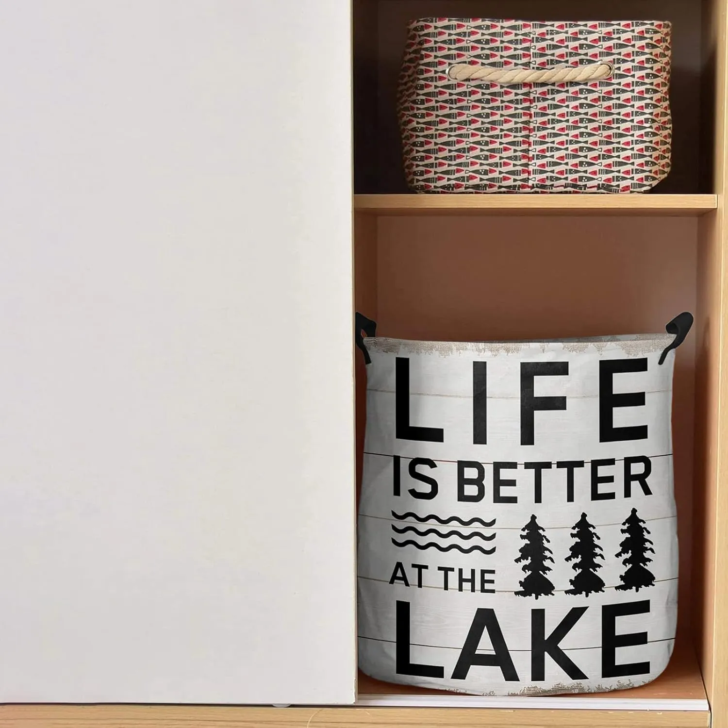 Laundry Basket Trees Shrubs Lake Farmhouse Retro White Plank,Waterproof Collapsible Clothes Hamper Life is Better Quote,Large Storage Bag for Bedroom Bathroom