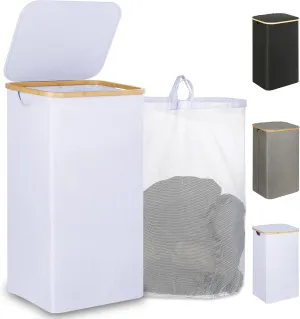 Laundry Basket with Lid, 110L Large Laundry Hamper with Handle and Lid, Collapsible Clothes Basket Organizer with Removable Inner Bag for Clothes Toys Towels - White