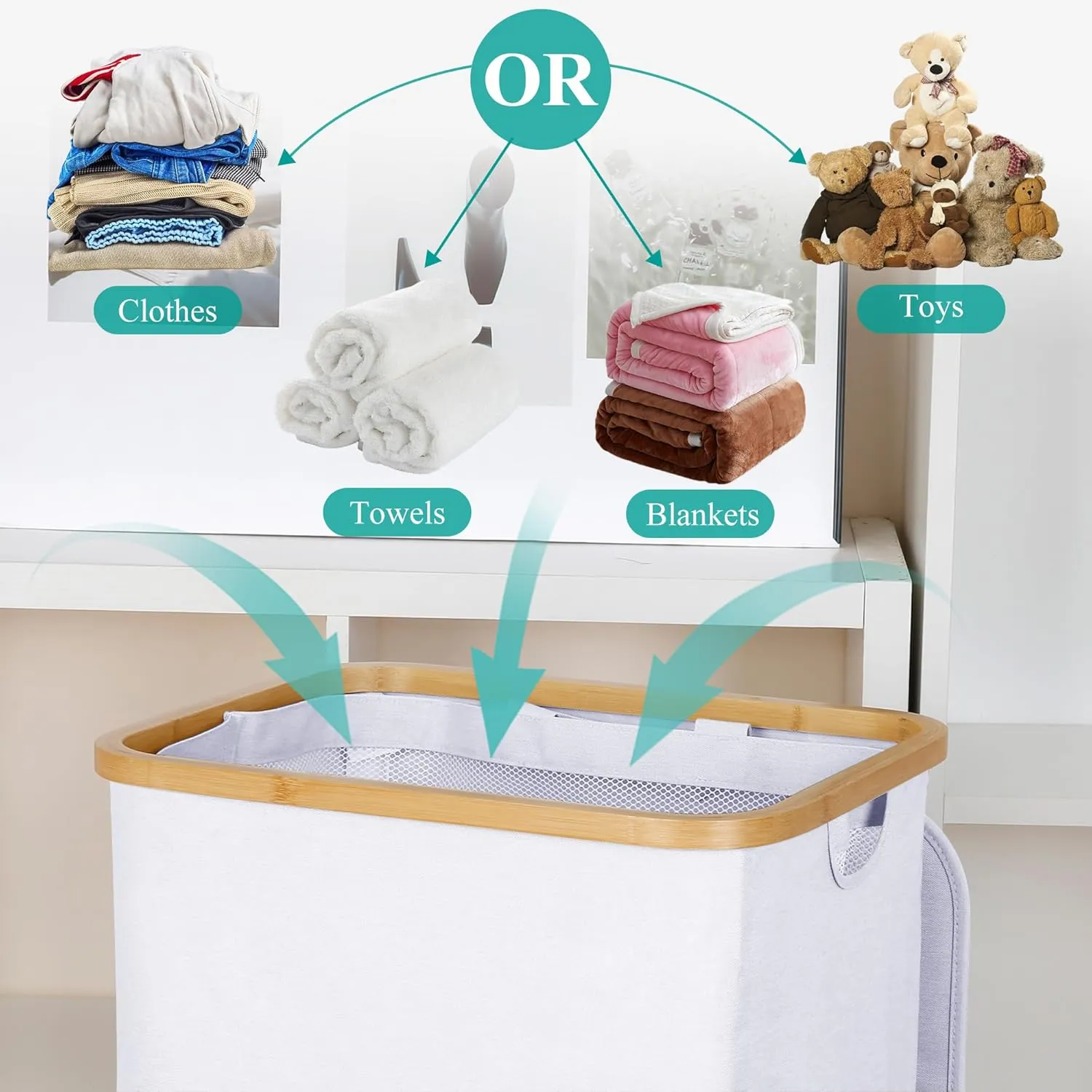 Laundry Basket with Lid, 110L Large Laundry Hamper with Handle and Lid, Collapsible Clothes Basket Organizer with Removable Inner Bag for Clothes Toys Towels - White