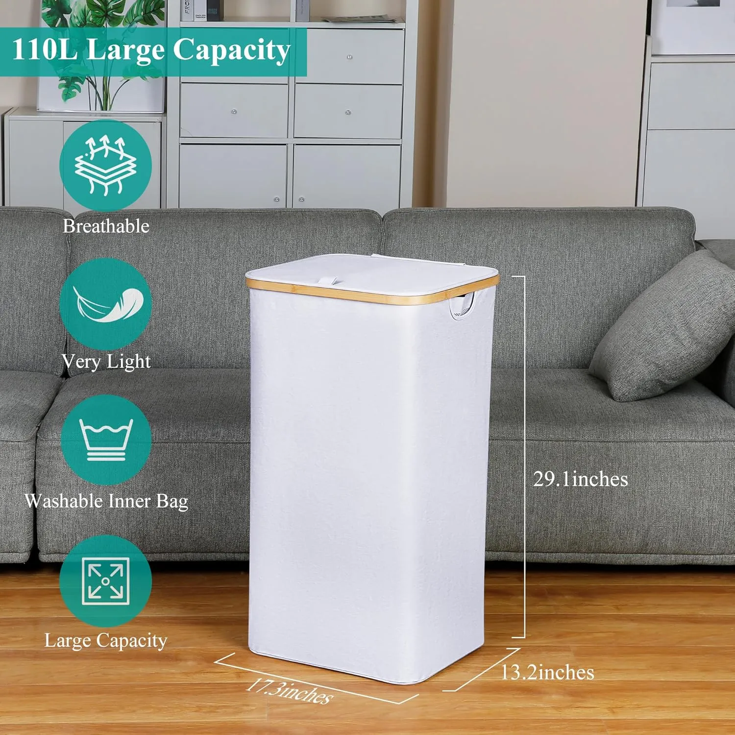 Laundry Basket with Lid, 110L Large Laundry Hamper with Handle and Lid, Collapsible Clothes Basket Organizer with Removable Inner Bag for Clothes Toys Towels - White
