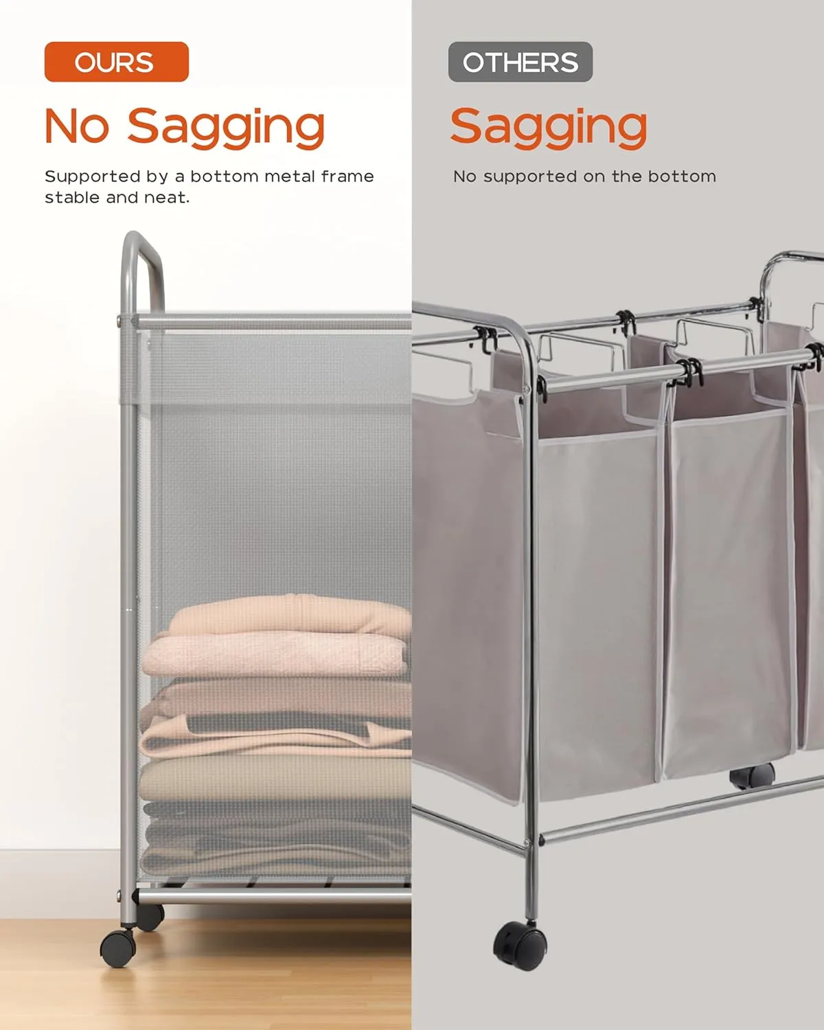 Laundry Basket with Wheels, 2-Section Rolling Laundry Hamper, Laundry Sorter with Removable Liner, Steel Frame with Handle, 95L, 23.6 x 13 x 25.2 Inches, Grey, LHC120G01