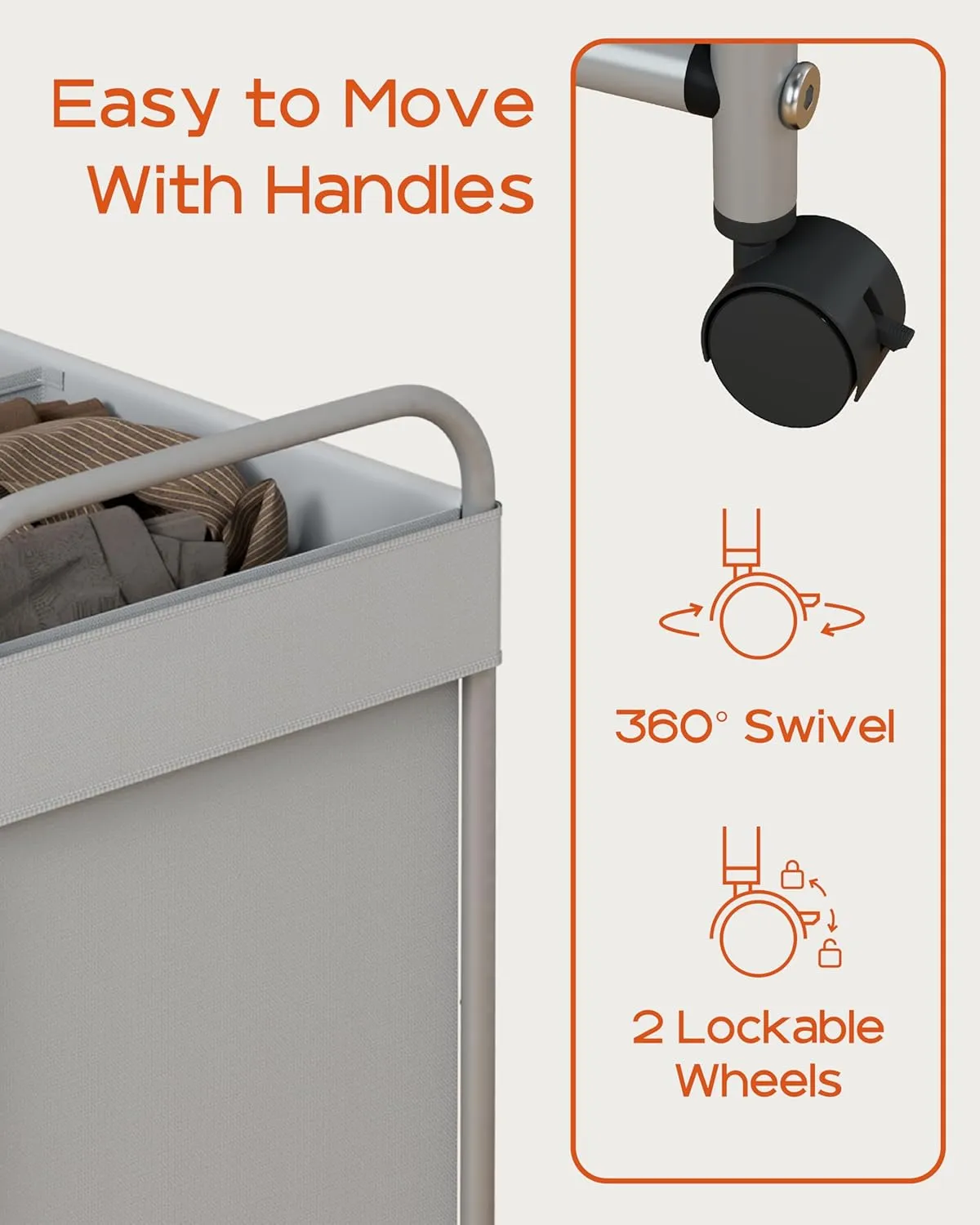 Laundry Basket with Wheels, 2-Section Rolling Laundry Hamper, Laundry Sorter with Removable Liner, Steel Frame with Handle, 95L, 23.6 x 13 x 25.2 Inches, Grey, LHC120G01