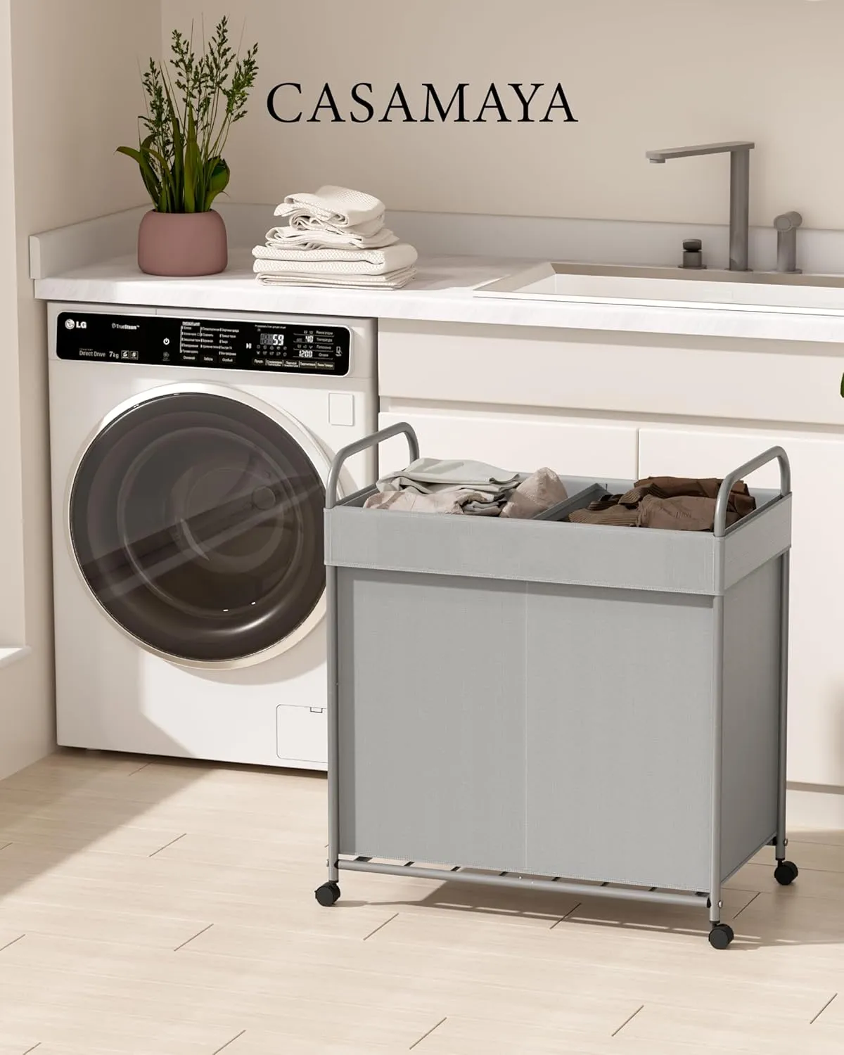 Laundry Basket with Wheels, 2-Section Rolling Laundry Hamper, Laundry Sorter with Removable Liner, Steel Frame with Handle, 95L, 23.6 x 13 x 25.2 Inches, Grey, LHC120G01