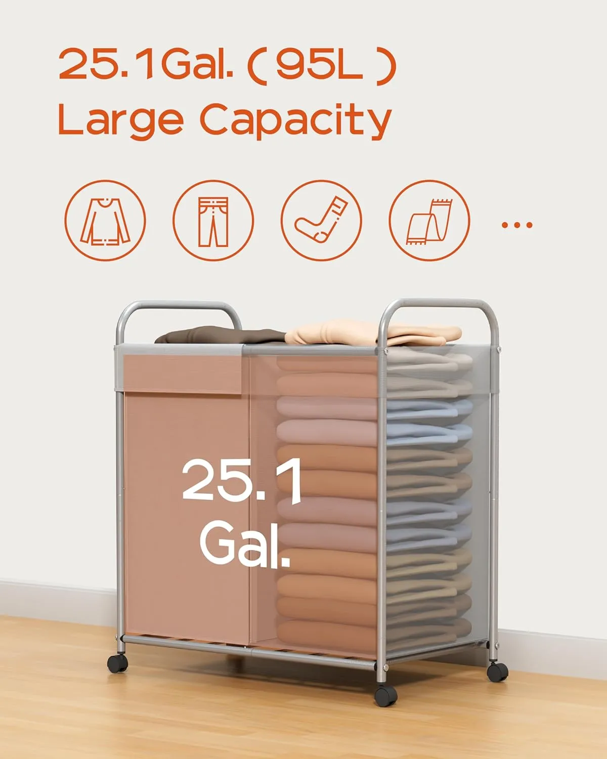 Laundry Basket with Wheels, 2-Section Rolling Laundry Hamper, Laundry Sorter with Removable Liner, Steel Frame with Handle, 95L, 23.6 x 13 x 25.2 Inches, Grey, LHC120G01