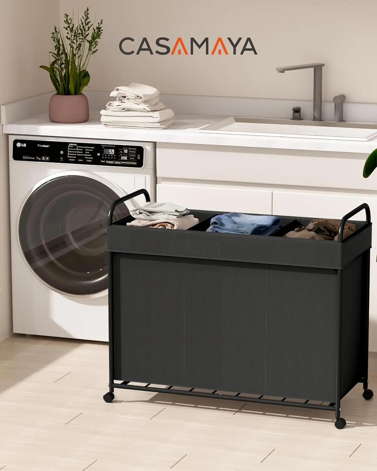 Laundry Basket with Wheels, 3-Section Rolling Laundry Hamper, Laundry Sorter with Removable Liner, Steel Frame with Handle, 150L, 29.1 x 13 x 25.2 Inches, Black, LHC150B01