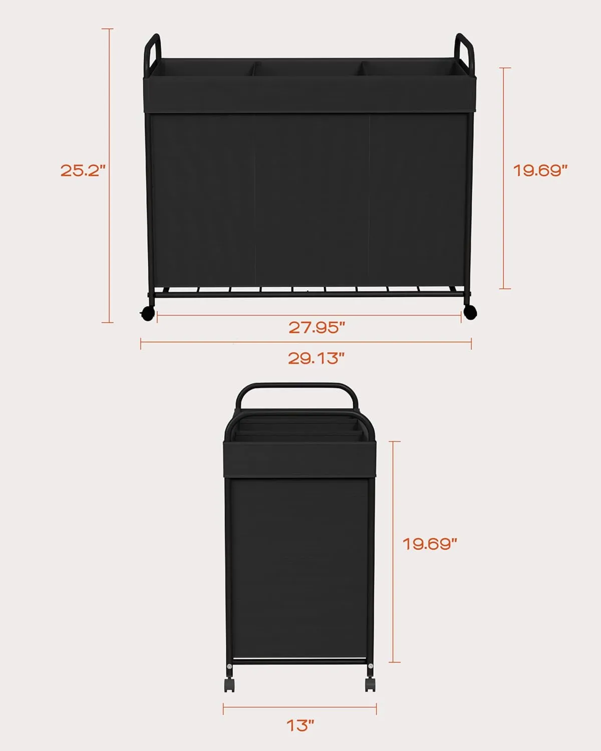 Laundry Basket with Wheels, 3-Section Rolling Laundry Hamper, Laundry Sorter with Removable Liner, Steel Frame with Handle, 150L, 29.1 x 13 x 25.2 Inches, Black, LHC150B01