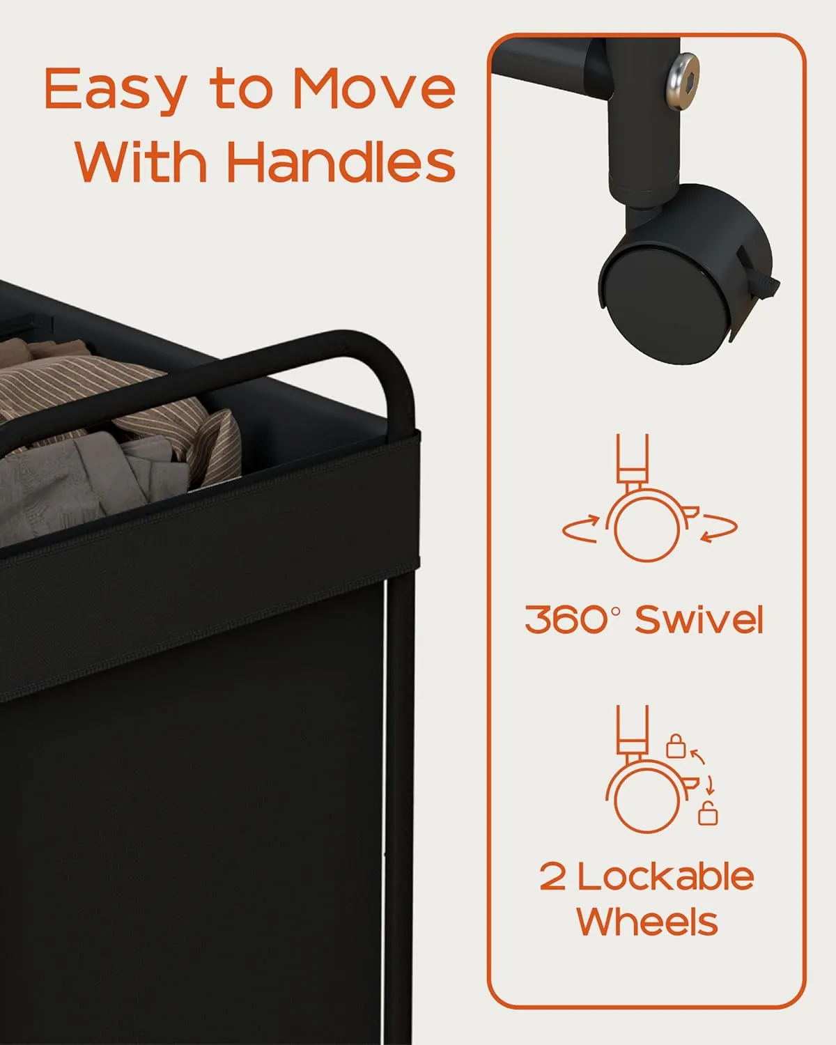 Laundry Basket with Wheels, 3-Section Rolling Laundry Hamper, Laundry Sorter with Removable Liner, Steel Frame with Handle, 150L, 29.1 x 13 x 25.2 Inches, Black, LHC150B01