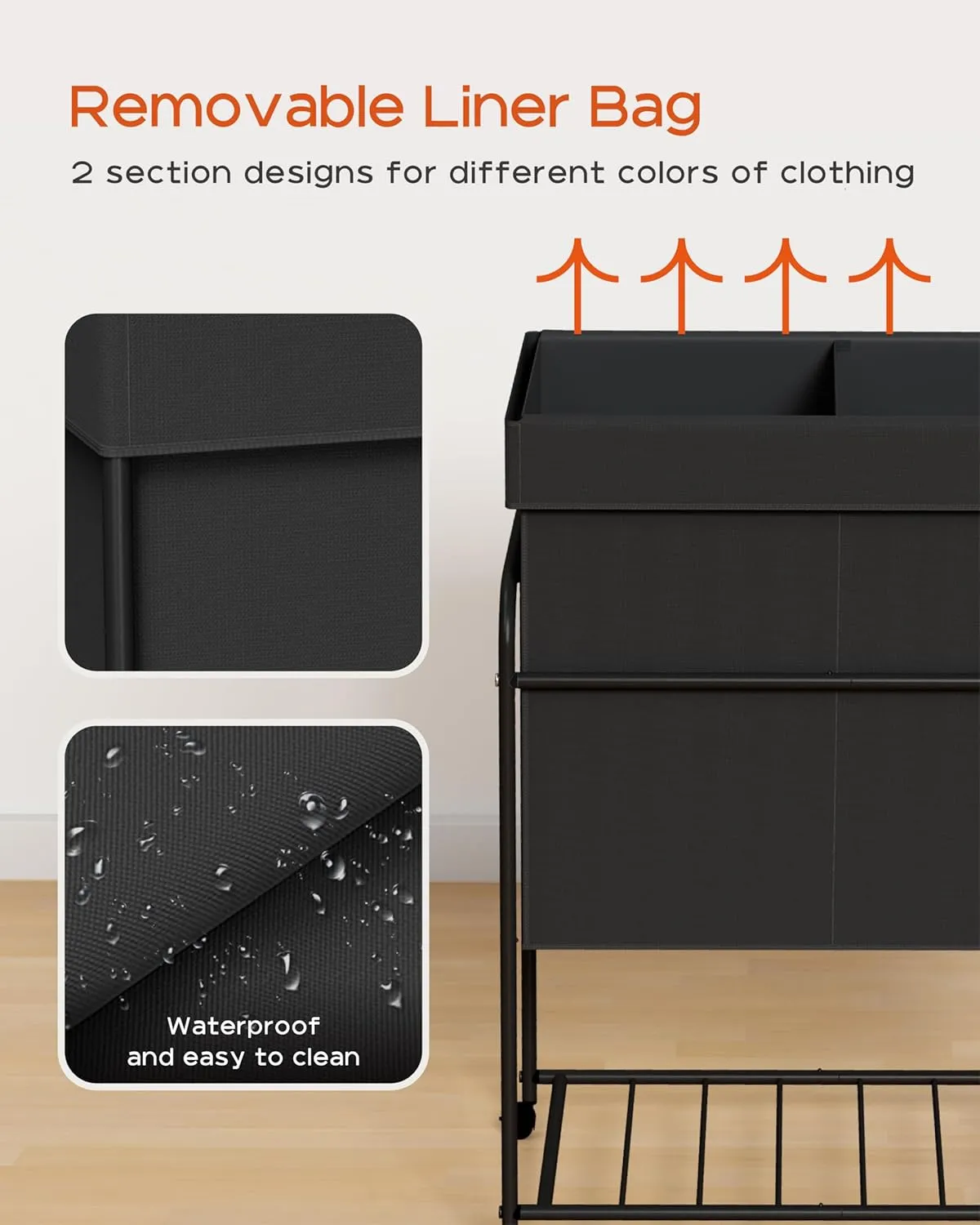 Laundry Basket with Wheels, 3-Section Rolling Laundry Hamper, Laundry Sorter with Removable Liner, Steel Frame with Handle, 150L, 29.1 x 13 x 25.2 Inches, Black, LHC150B01