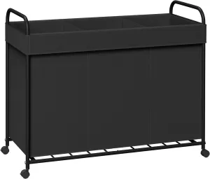 Laundry Basket with Wheels, 3-Section Rolling Laundry Hamper, Laundry Sorter with Removable Liner, Steel Frame with Handle, 150L, 29.1 x 13 x 25.2 Inches, Black, LHC150B01