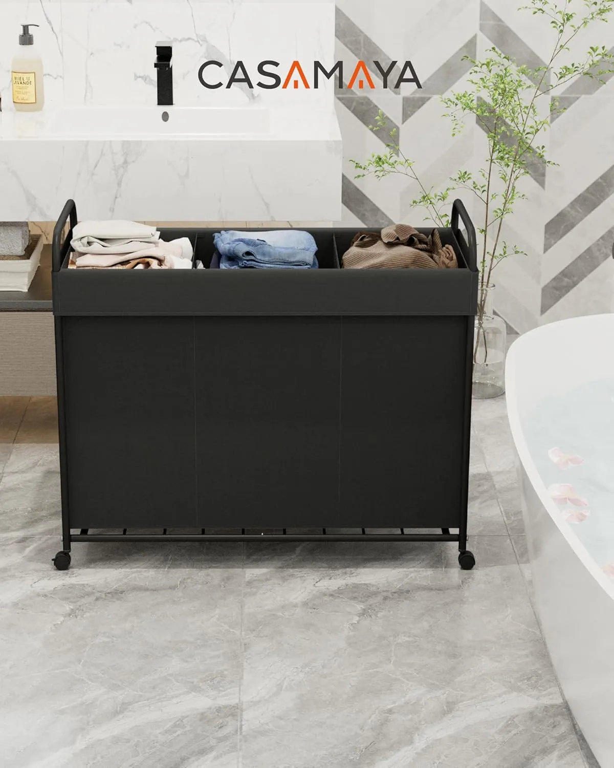Laundry Basket with Wheels, 3-Section Rolling Laundry Hamper, Laundry Sorter with Removable Liner, Steel Frame with Handle, 150L, 29.1 x 13 x 25.2 Inches, Black, LHC150B01