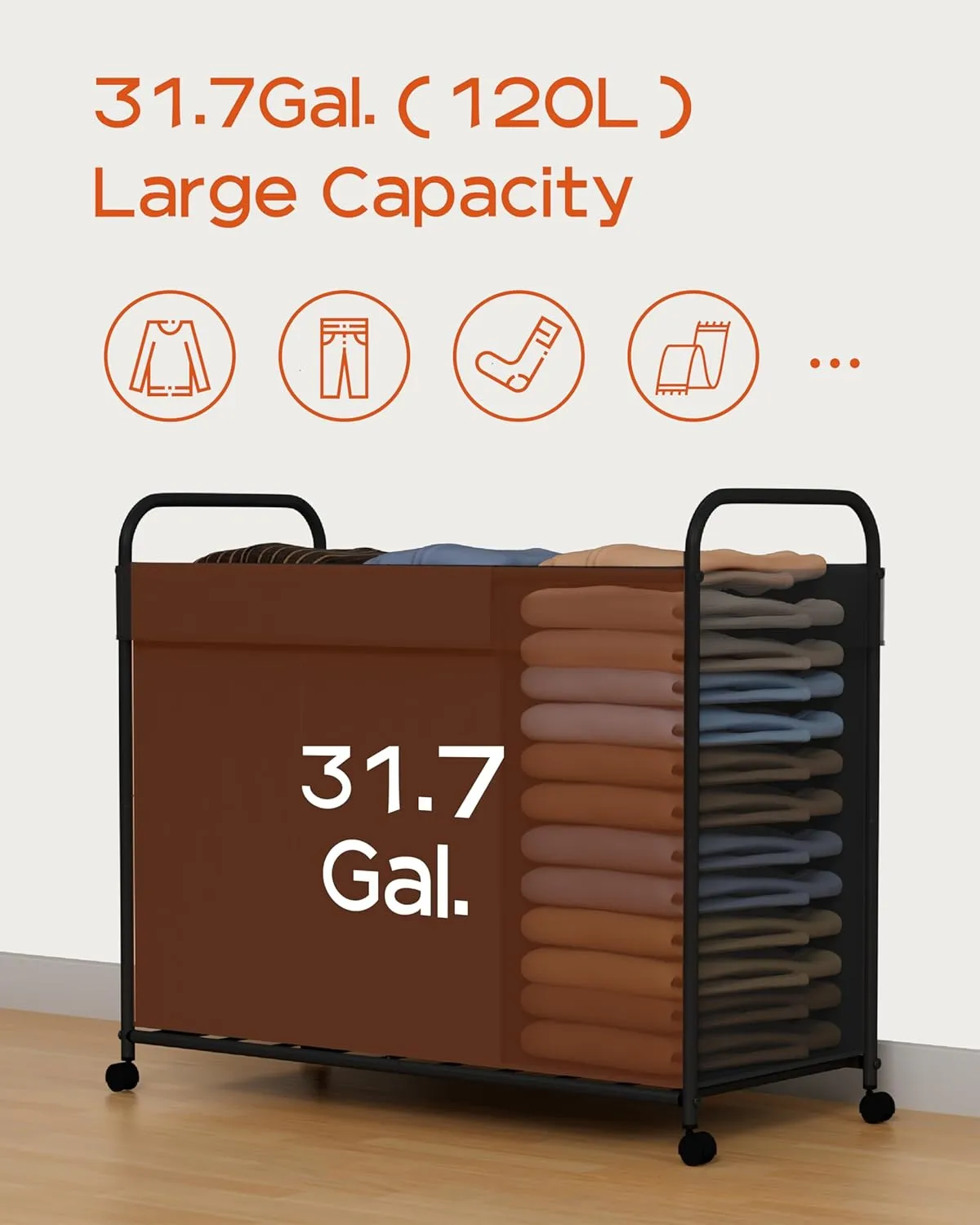 Laundry Basket with Wheels, 3-Section Rolling Laundry Hamper, Laundry Sorter with Removable Liner, Steel Frame with Handle, 150L, 29.1 x 13 x 25.2 Inches, Black, LHC150B01