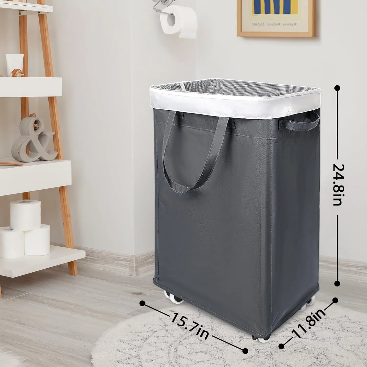 Laundry Basket with Wheels, 75L Rolling Laundry Hamper with Removable Bag, Slim Large Laundry Basket with Handles for Dorm, Tall Clothes Hamper Organizer for Dirty Laundry, Gray