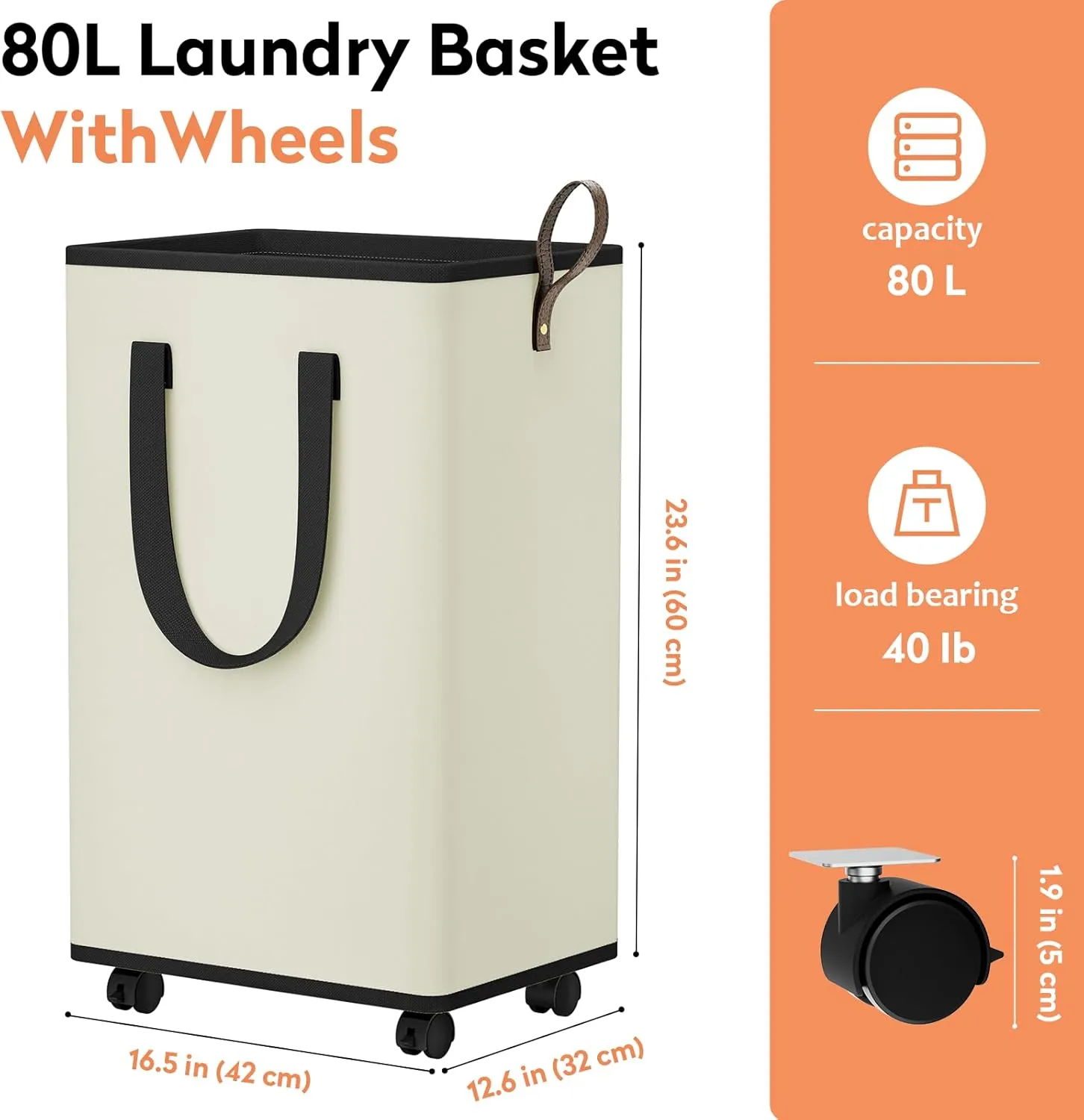 Laundry Basket with Wheels, Collapsible Laundry Baskets, Laundry Hamper with Handles Detachable Wheels, Rolling Laundry Basket, Dirty Clothes Hamper for Bathroom, Dorm, Bedroom, Cream, 80L