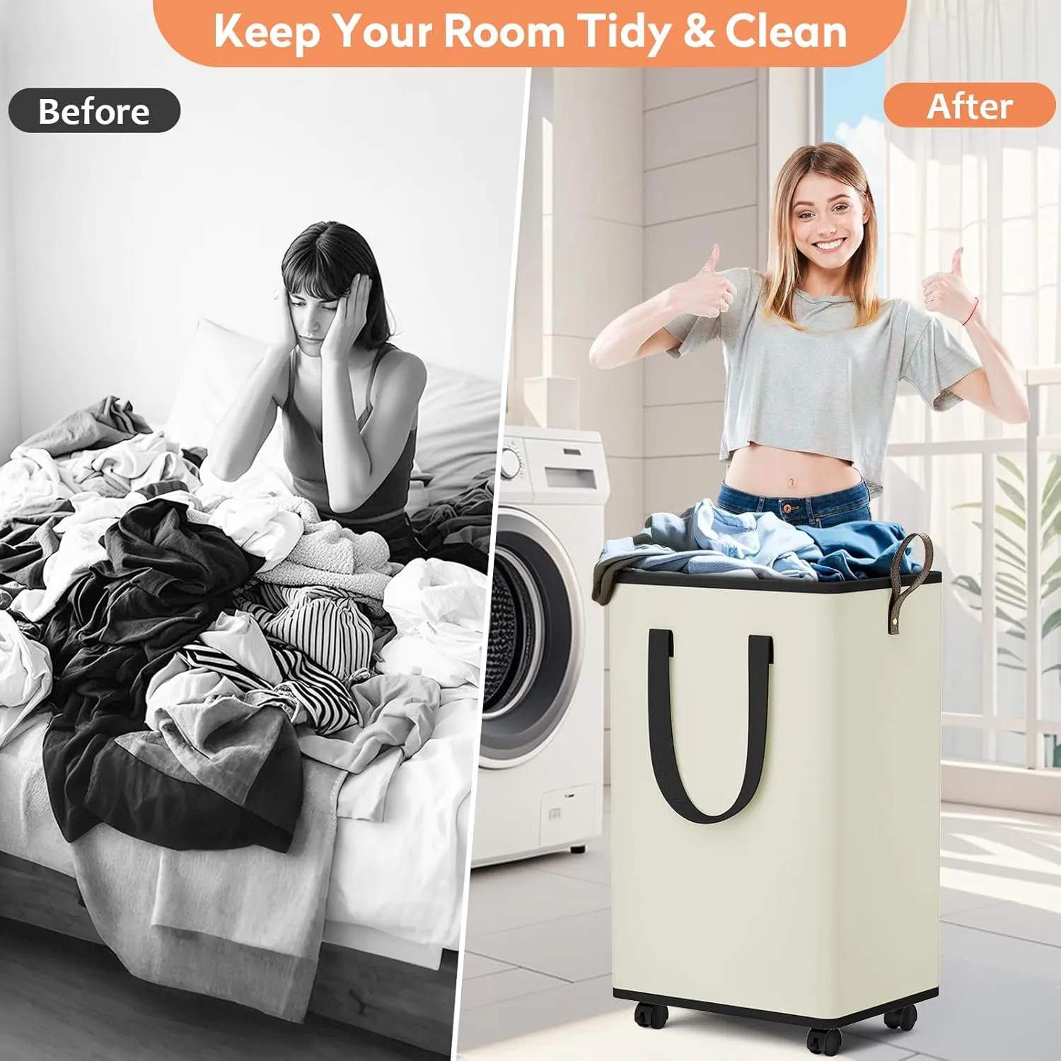 Laundry Basket with Wheels, Collapsible Laundry Baskets, Laundry Hamper with Handles Detachable Wheels, Rolling Laundry Basket, Dirty Clothes Hamper for Bathroom, Dorm, Bedroom, Cream, 80L