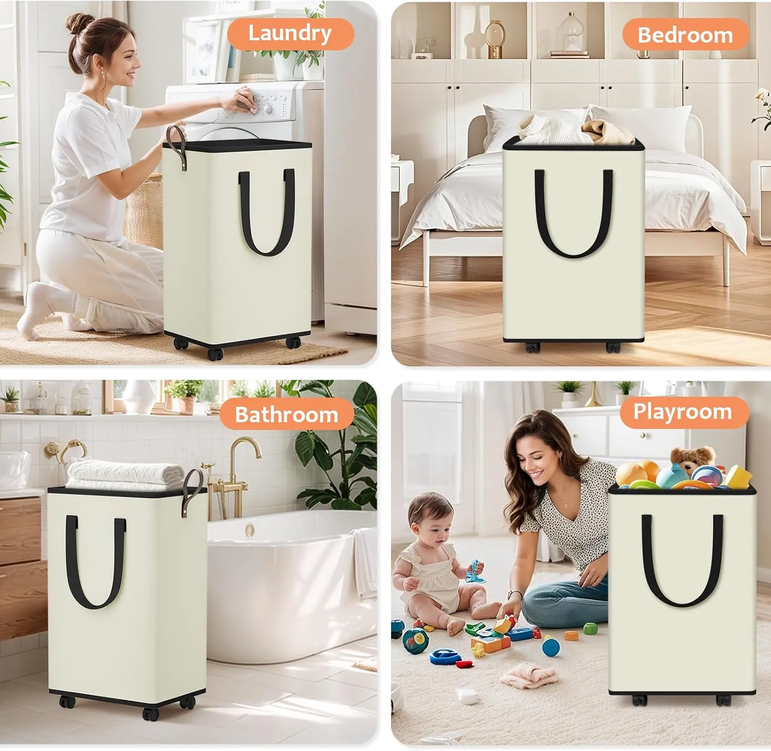 Laundry Basket with Wheels, Collapsible Laundry Baskets, Laundry Hamper with Handles Detachable Wheels, Rolling Laundry Basket, Dirty Clothes Hamper for Bathroom, Dorm, Bedroom, Cream, 80L