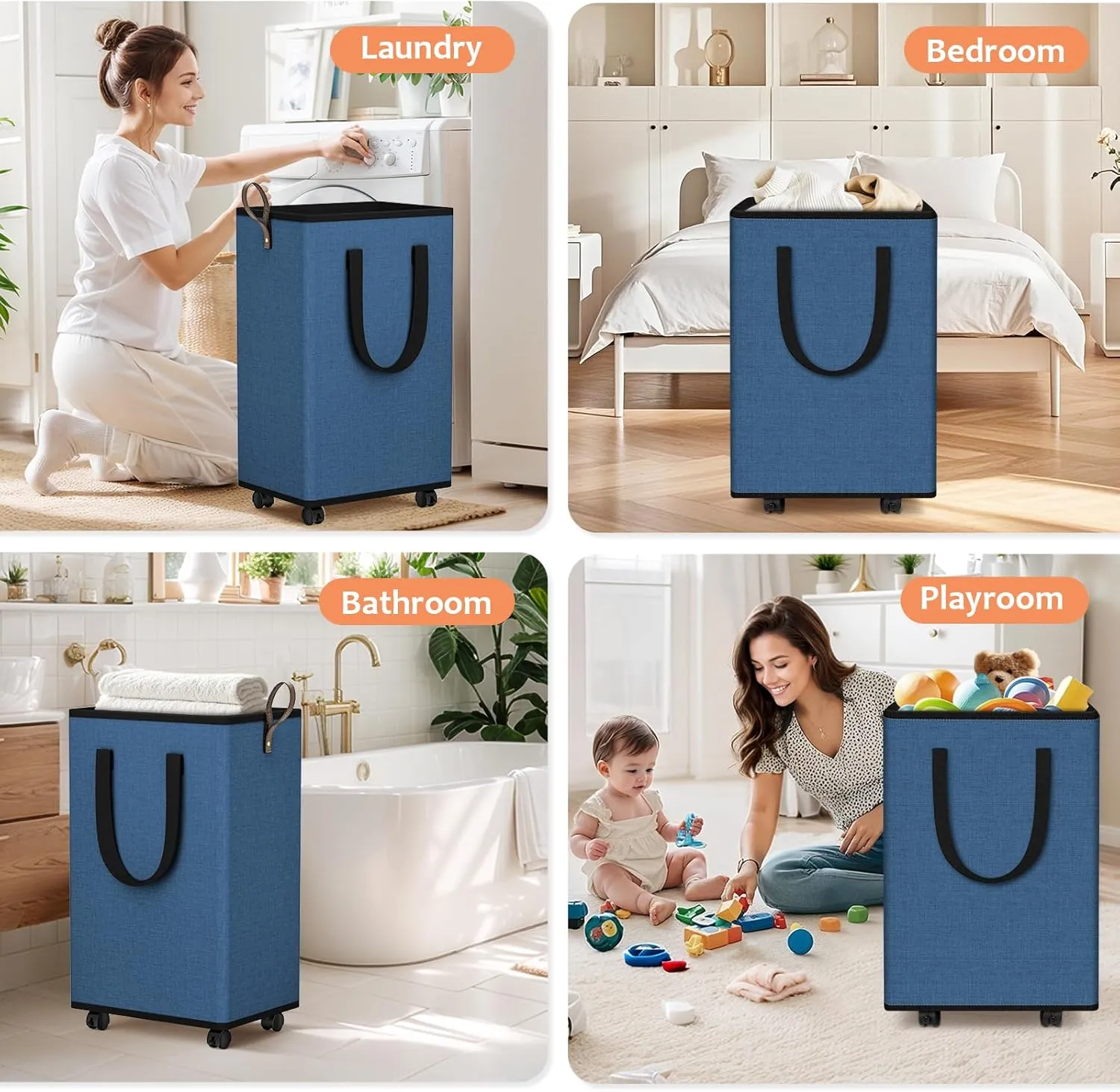 Laundry Basket with Wheels, Collapsible Laundry Baskets, Laundry Hamper with Handles Detachable Wheels, Rolling Laundry Basket, Dirty Clothes Hamper for Bathroom, Dorm, Bedroom, Navy, 80L