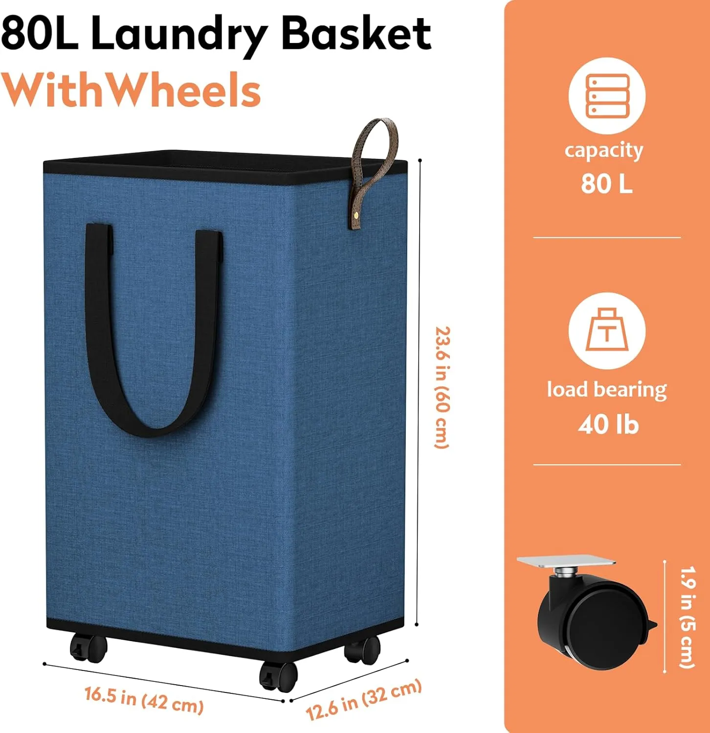 Laundry Basket with Wheels, Collapsible Laundry Baskets, Laundry Hamper with Handles Detachable Wheels, Rolling Laundry Basket, Dirty Clothes Hamper for Bathroom, Dorm, Bedroom, Navy, 80L