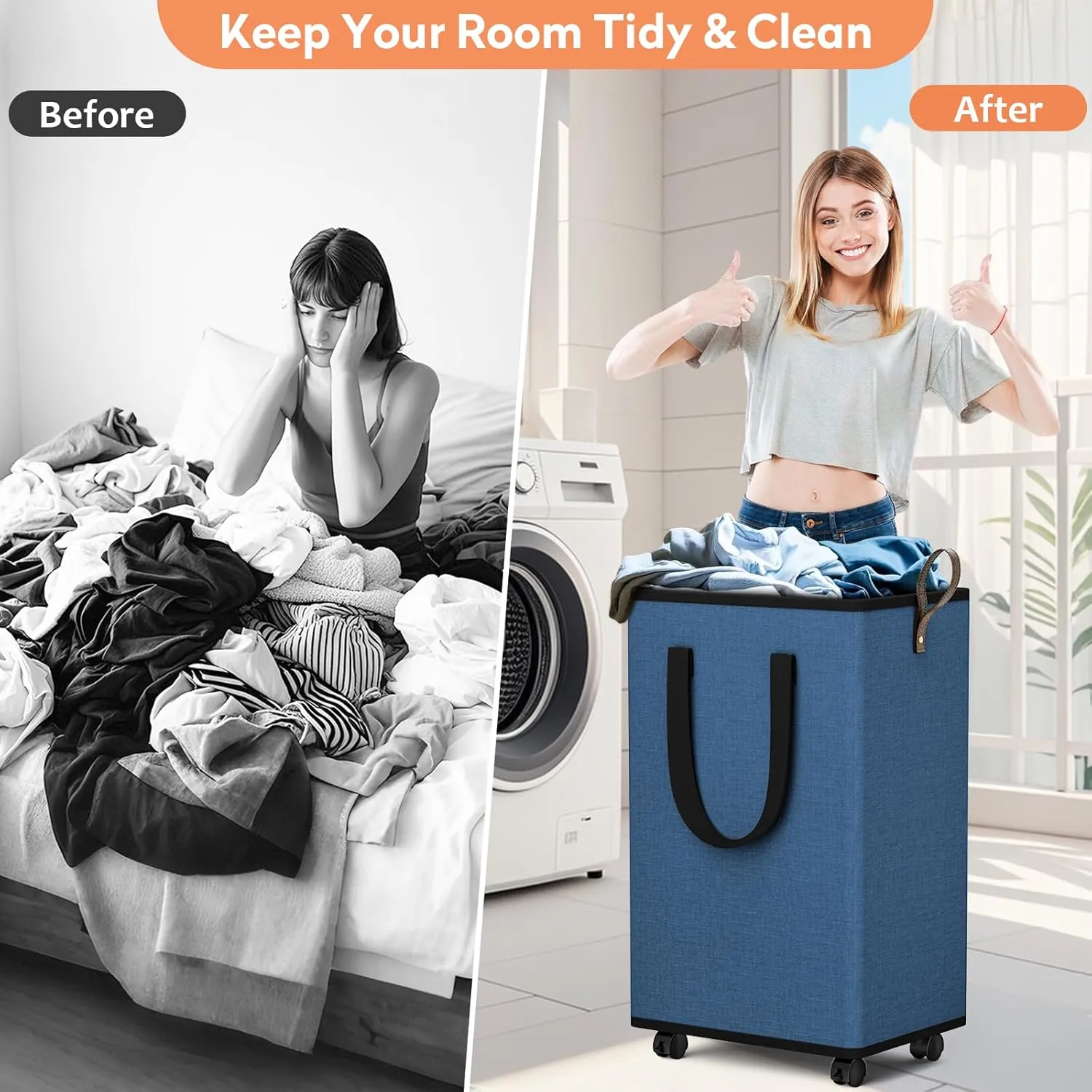Laundry Basket with Wheels, Collapsible Laundry Baskets, Laundry Hamper with Handles Detachable Wheels, Rolling Laundry Basket, Dirty Clothes Hamper for Bathroom, Dorm, Bedroom, Navy, 80L