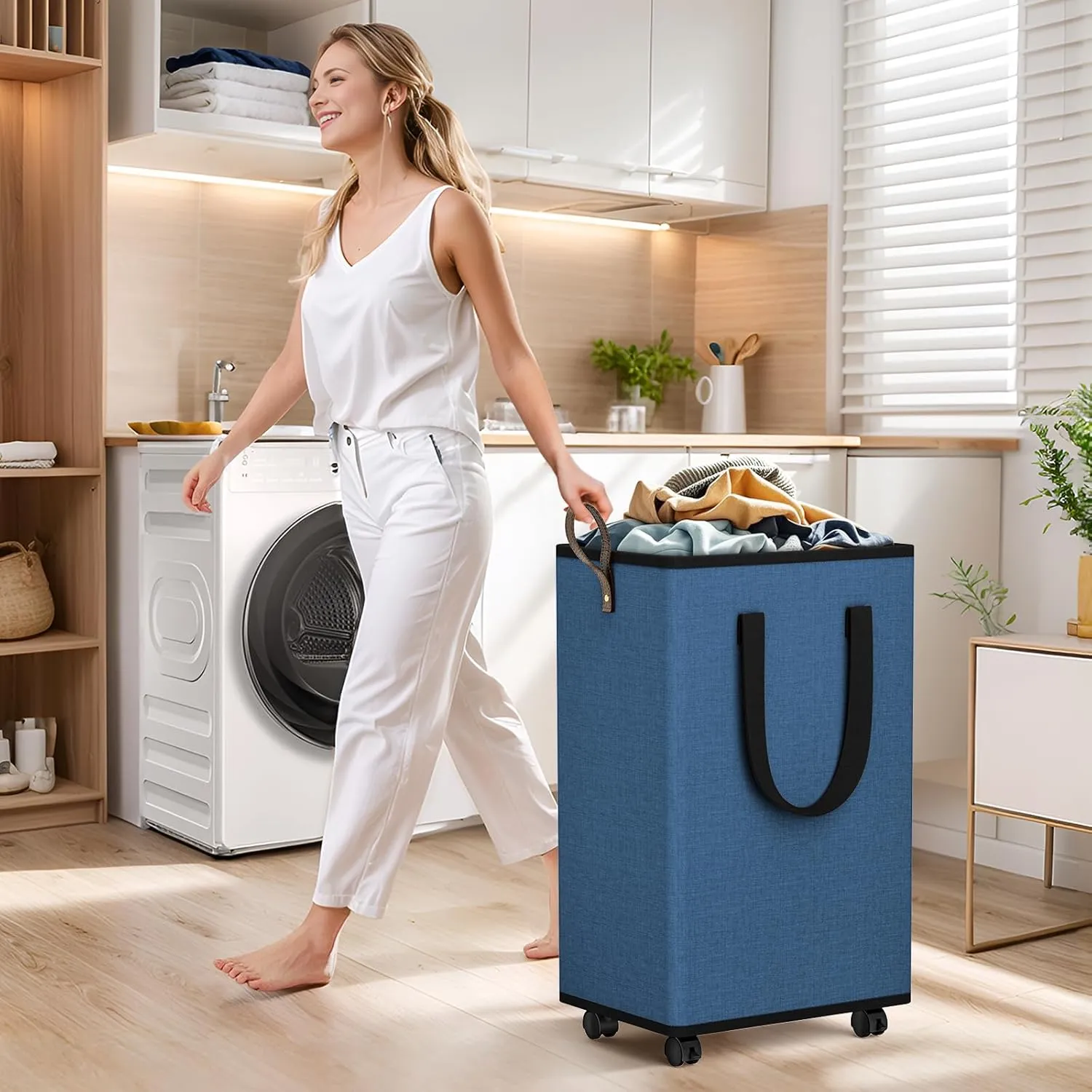 Laundry Basket with Wheels, Collapsible Laundry Baskets, Laundry Hamper with Handles Detachable Wheels, Rolling Laundry Basket, Dirty Clothes Hamper for Bathroom, Dorm, Bedroom, Navy, 80L
