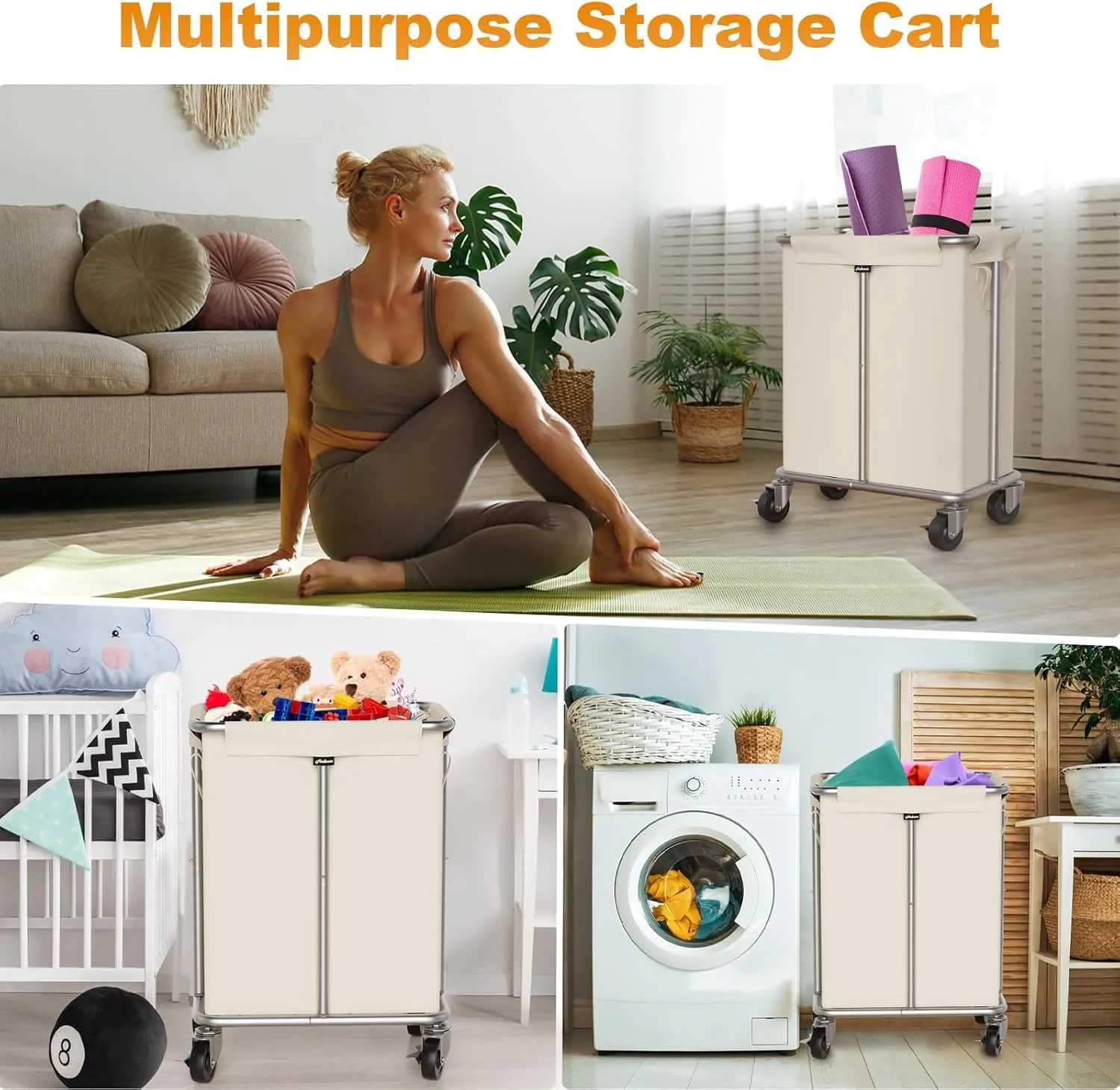 Laundry Basket with Wheels, Rolling Laundry Hamper 170L Large Dirty Clothes Hamper Cart with Metal Frame and Removable Bag, Hampers for Bedroom, Bathroom, and Laundry Room Organization, Beige