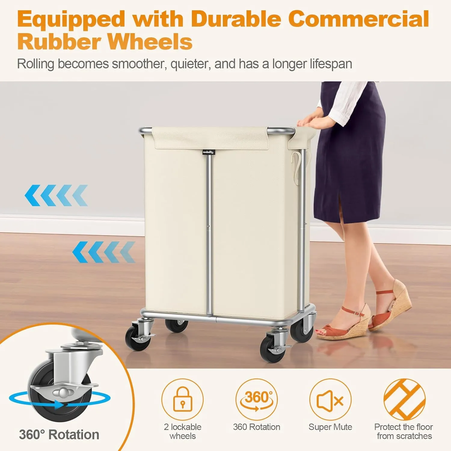 Laundry Basket with Wheels, Rolling Laundry Hamper 170L Large Dirty Clothes Hamper Cart with Metal Frame and Removable Bag, Hampers for Bedroom, Bathroom, and Laundry Room Organization, Beige