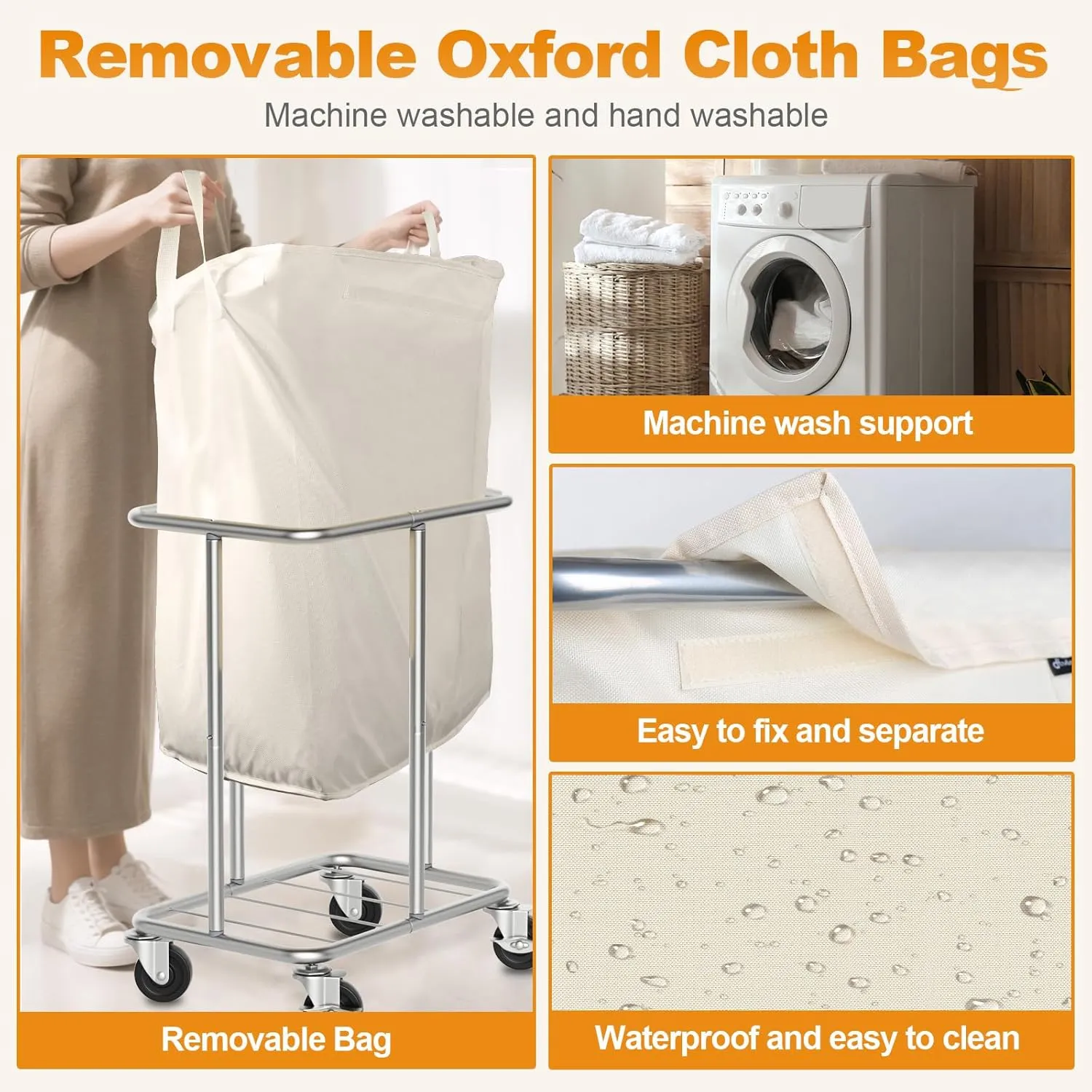 Laundry Basket with Wheels, Rolling Laundry Hamper 170L Large Dirty Clothes Hamper Cart with Metal Frame and Removable Bag, Hampers for Bedroom, Bathroom, and Laundry Room Organization, Beige