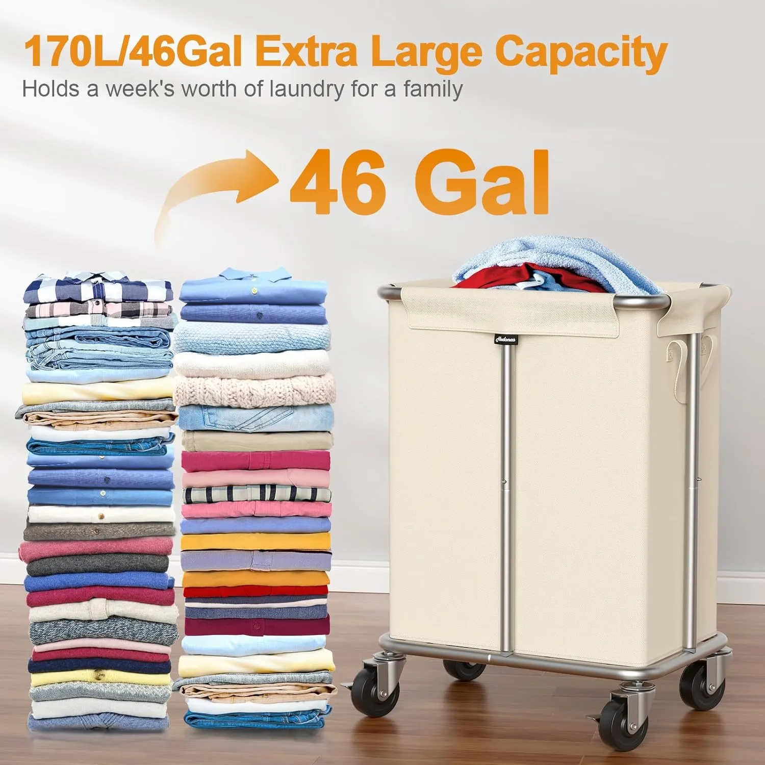 Laundry Basket with Wheels, Rolling Laundry Hamper 170L Large Dirty Clothes Hamper Cart with Metal Frame and Removable Bag, Hampers for Bedroom, Bathroom, and Laundry Room Organization, Beige
