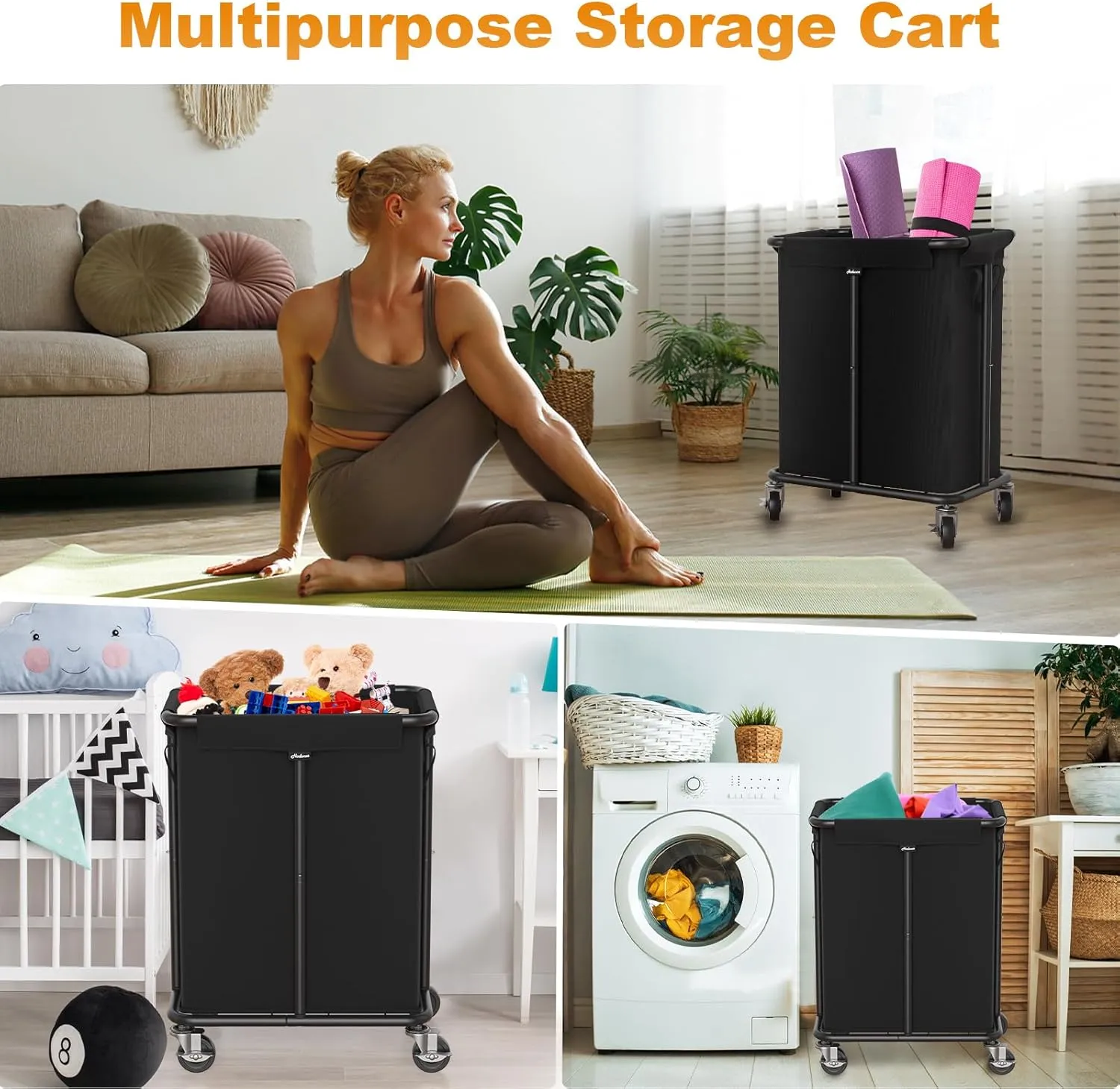Laundry Basket with Wheels, Rolling Laundry Hamper, 46 Gallons (170L), Removable and Machine Washable Liner, Steel Frame, Large Laundry Cart for Laundry Room, Bedroom, Bathroom, Dorm - Black