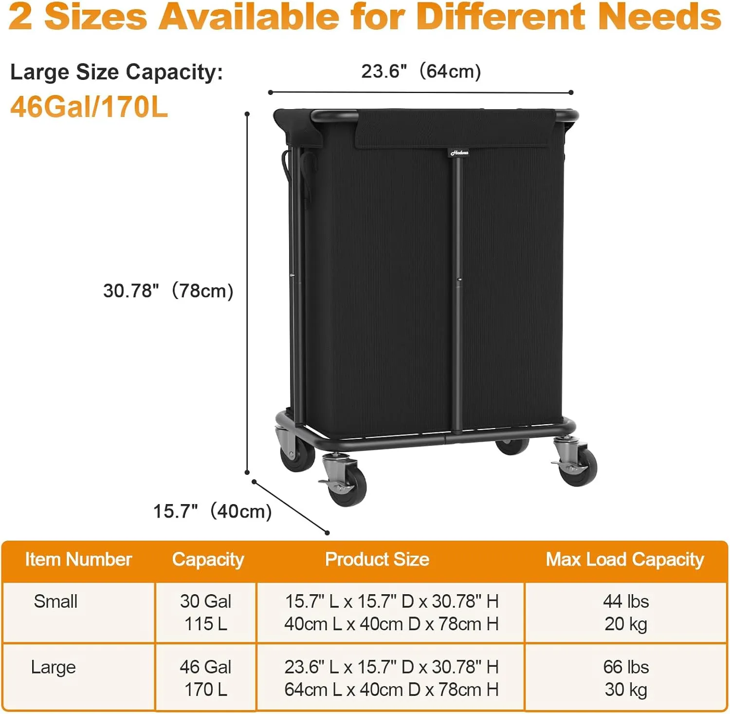 Laundry Basket with Wheels, Rolling Laundry Hamper, 46 Gallons (170L), Removable and Machine Washable Liner, Steel Frame, Large Laundry Cart for Laundry Room, Bedroom, Bathroom, Dorm - Black