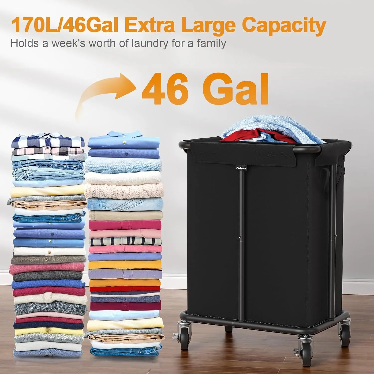 Laundry Basket with Wheels, Rolling Laundry Hamper, 46 Gallons (170L), Removable and Machine Washable Liner, Steel Frame, Large Laundry Cart for Laundry Room, Bedroom, Bathroom, Dorm - Black