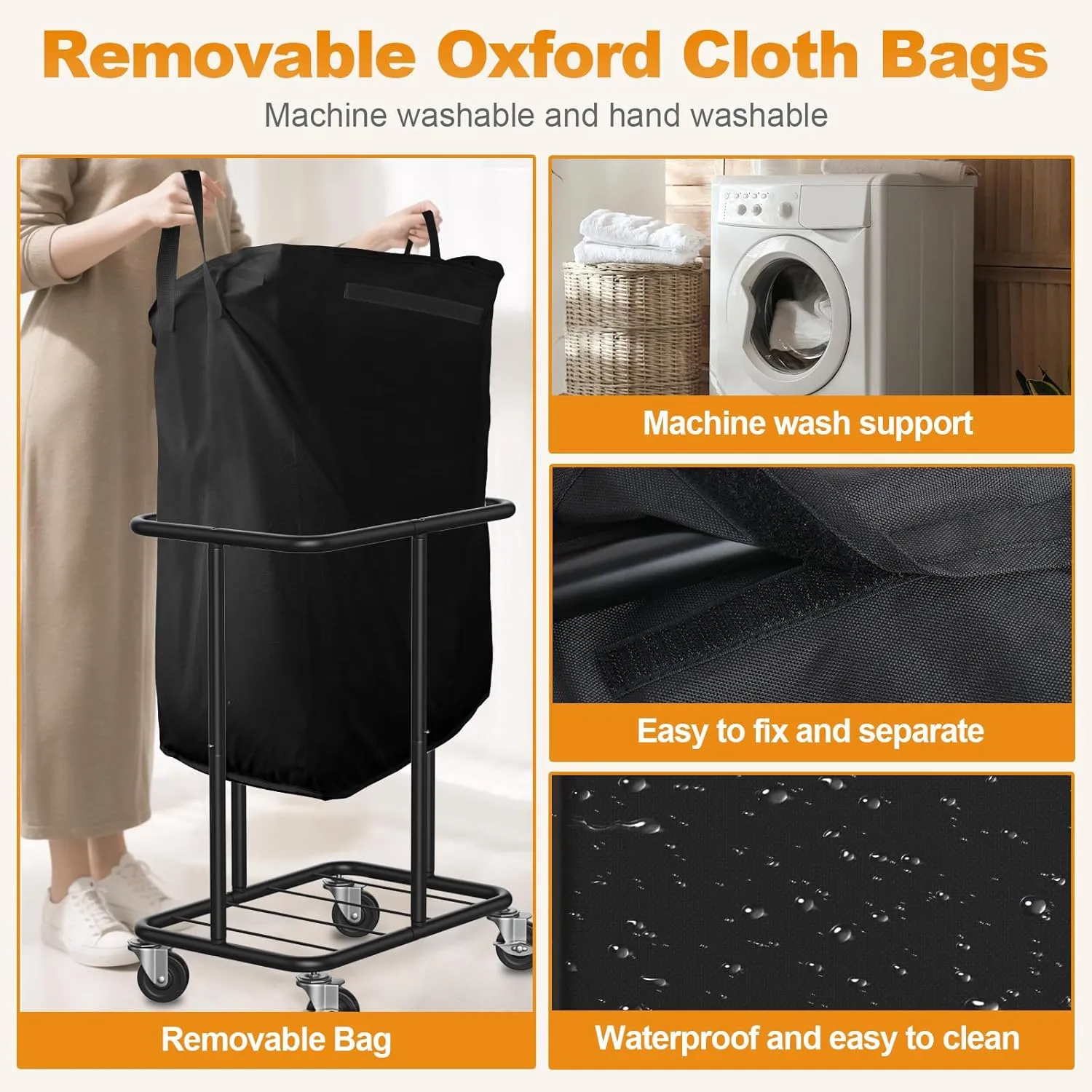 Laundry Basket with Wheels, Rolling Laundry Hamper, 46 Gallons (170L), Removable and Machine Washable Liner, Steel Frame, Large Laundry Cart for Laundry Room, Bedroom, Bathroom, Dorm - Black